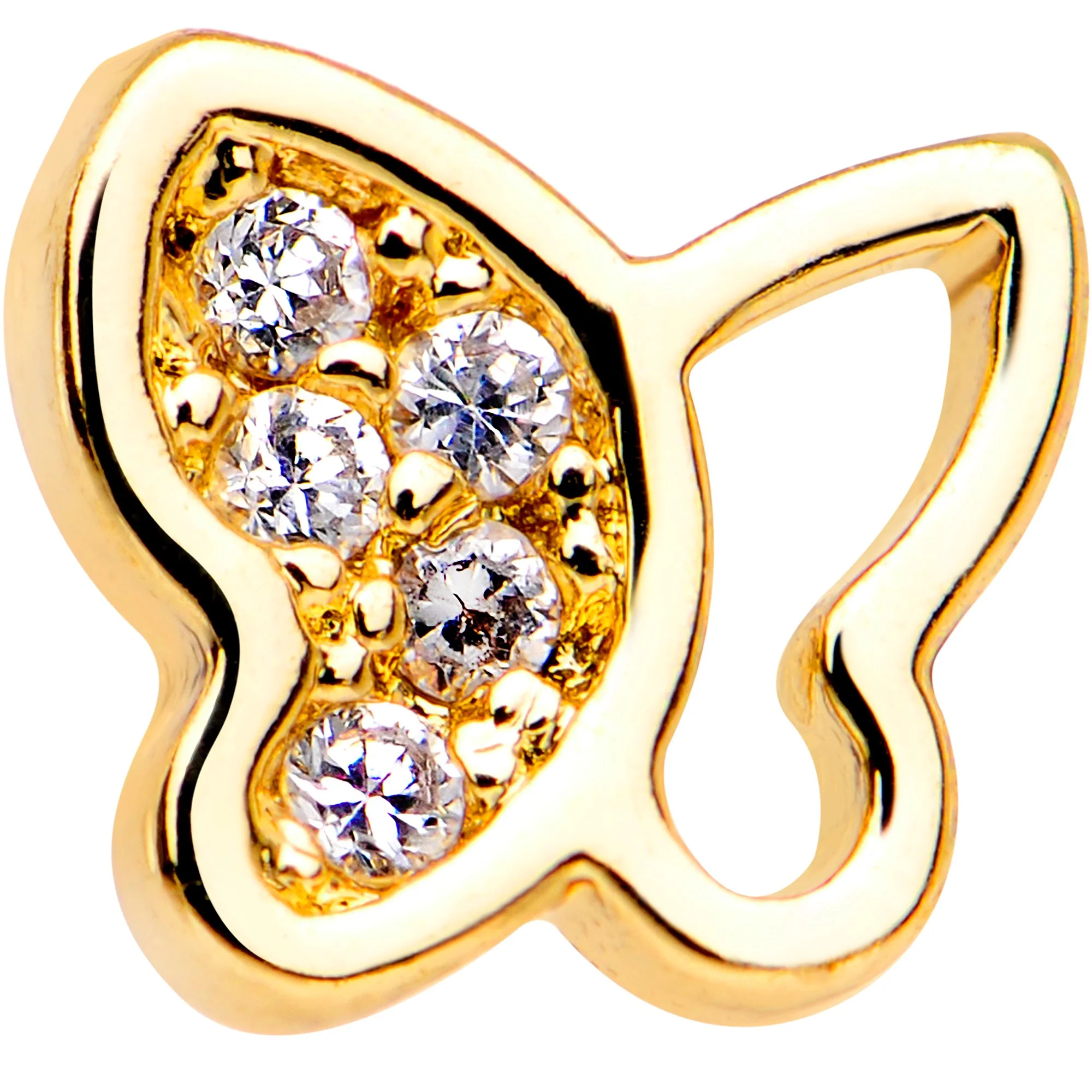 20G 1/4 Clear CZ Gem Gold Tone Butterfly L Shaped Nose Ring - Image 2