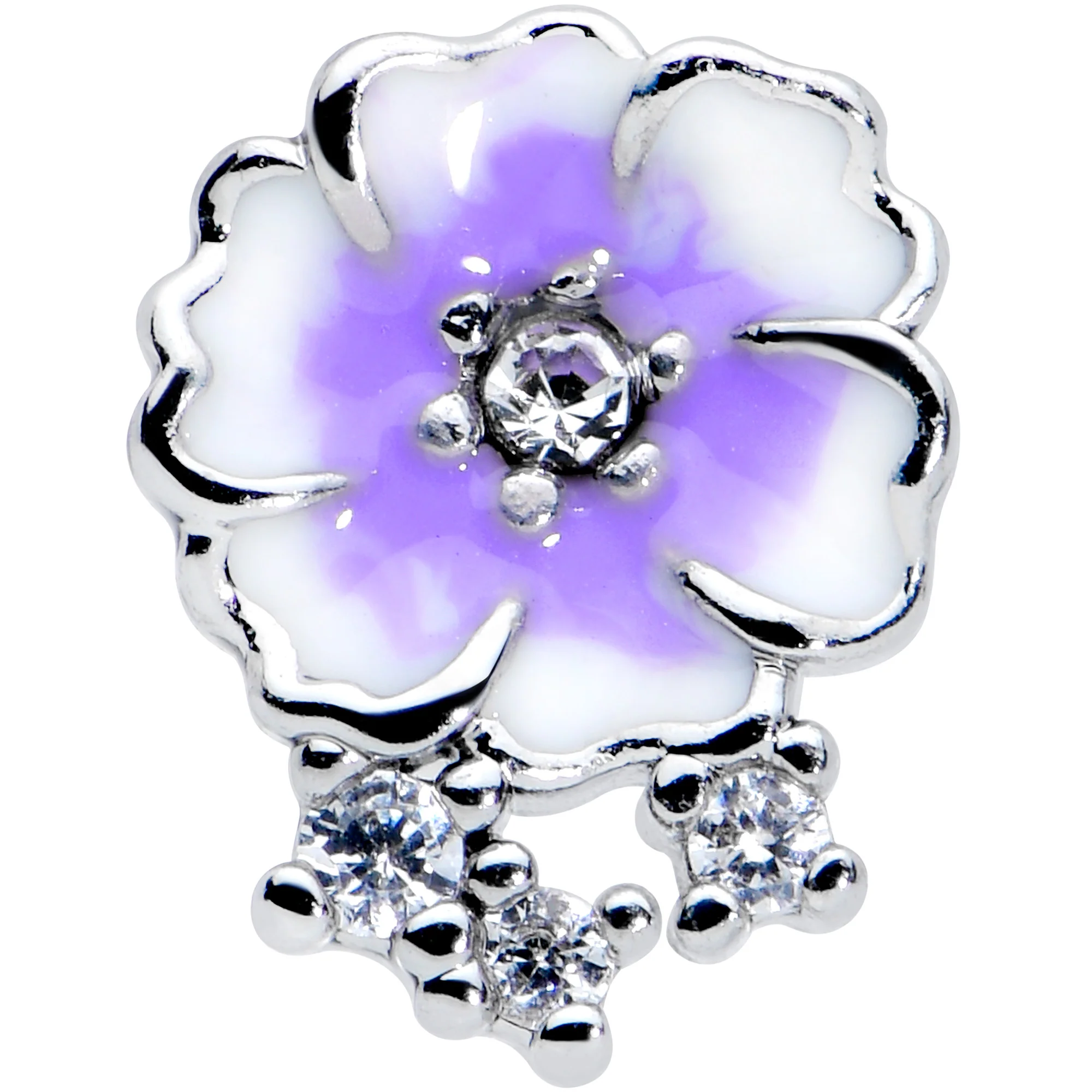 20G 1/4 Clear CZ Gem Purple White Flower Nose Bone - Image 2