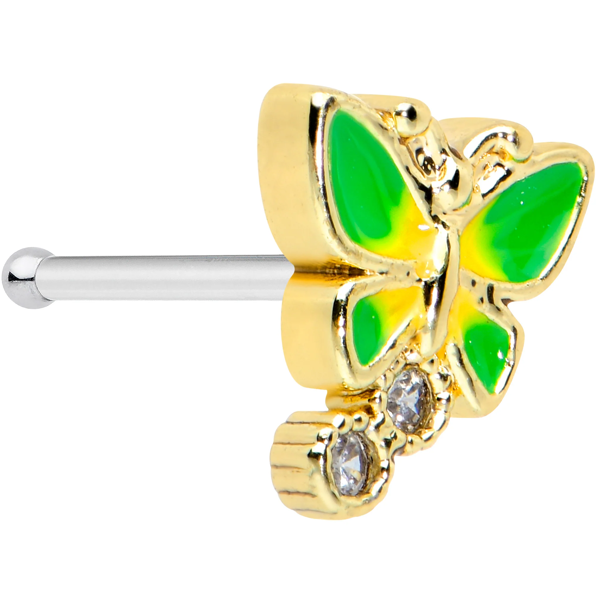 20G 1/4 Clear CZ Gem Sweet Green Wing Butterfly Nose Bone