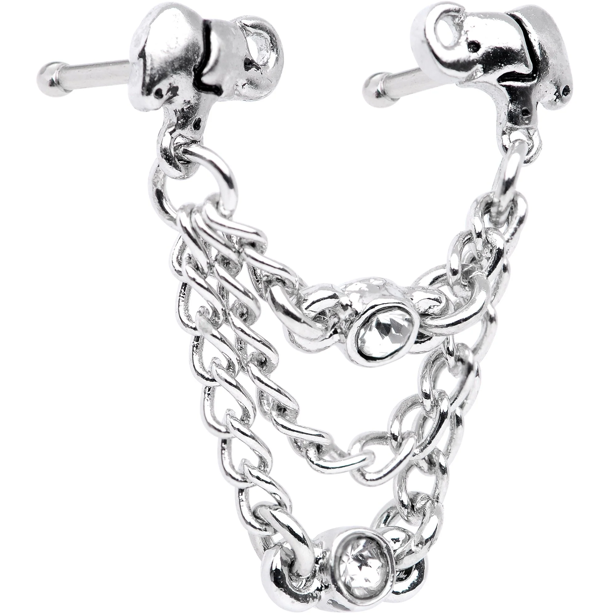 20G 1/4 Clear Gem Elephant Chain Dangle Double Nose Bone