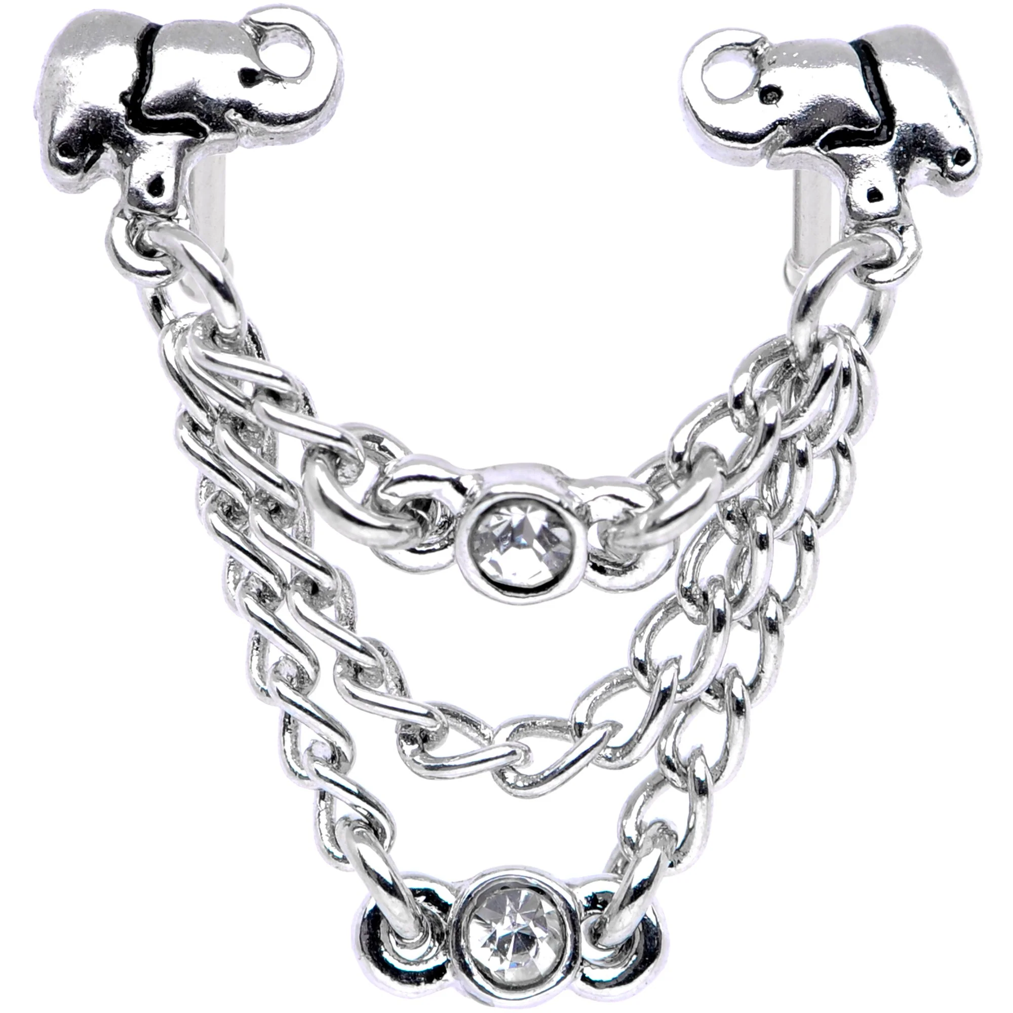 20G 1/4 Clear Gem Elephant Chain Dangle Double Nose Bone - Image 3