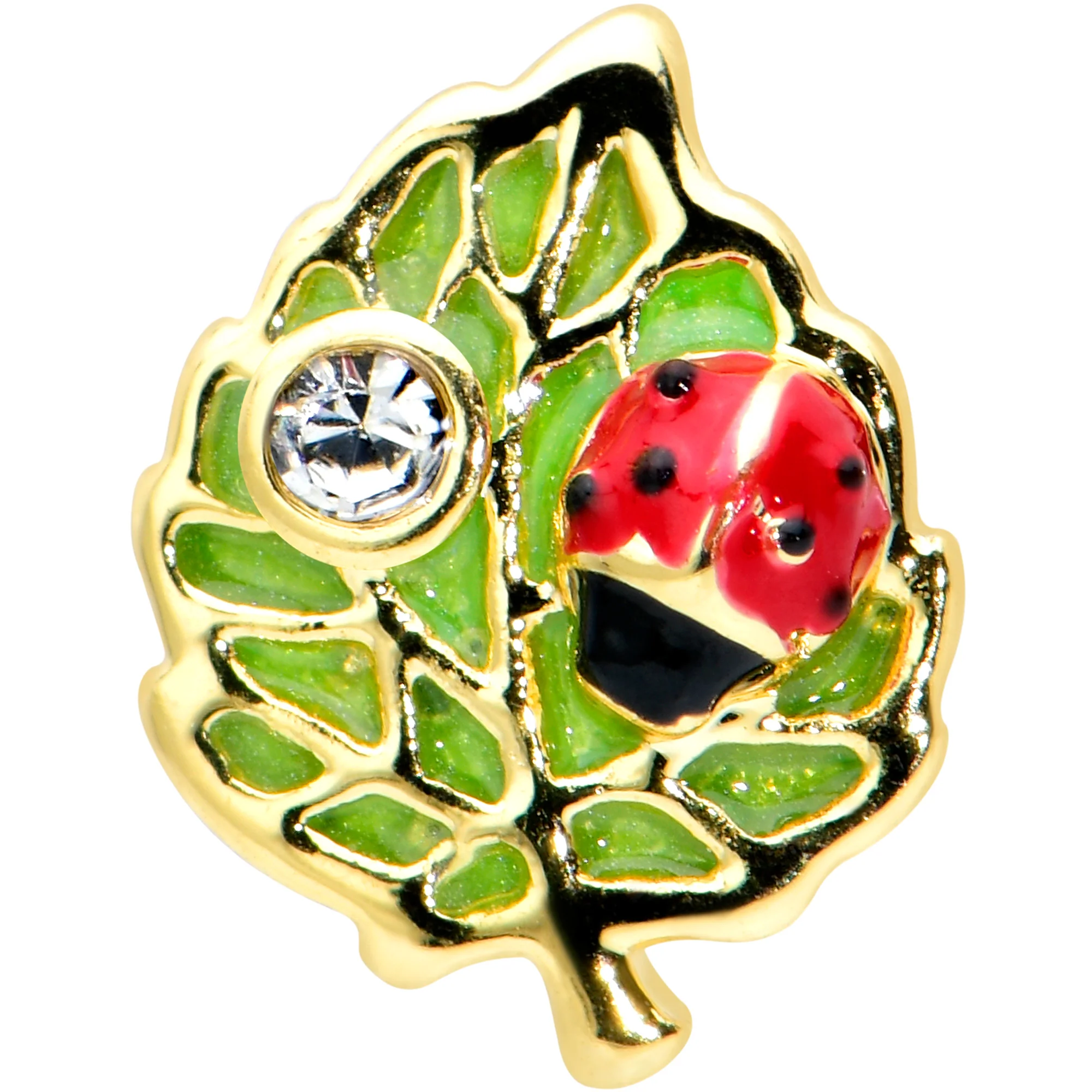 20G 1/4 Clear Gem Gold Tone Leafy Ladybug Nose Bone - Image 2