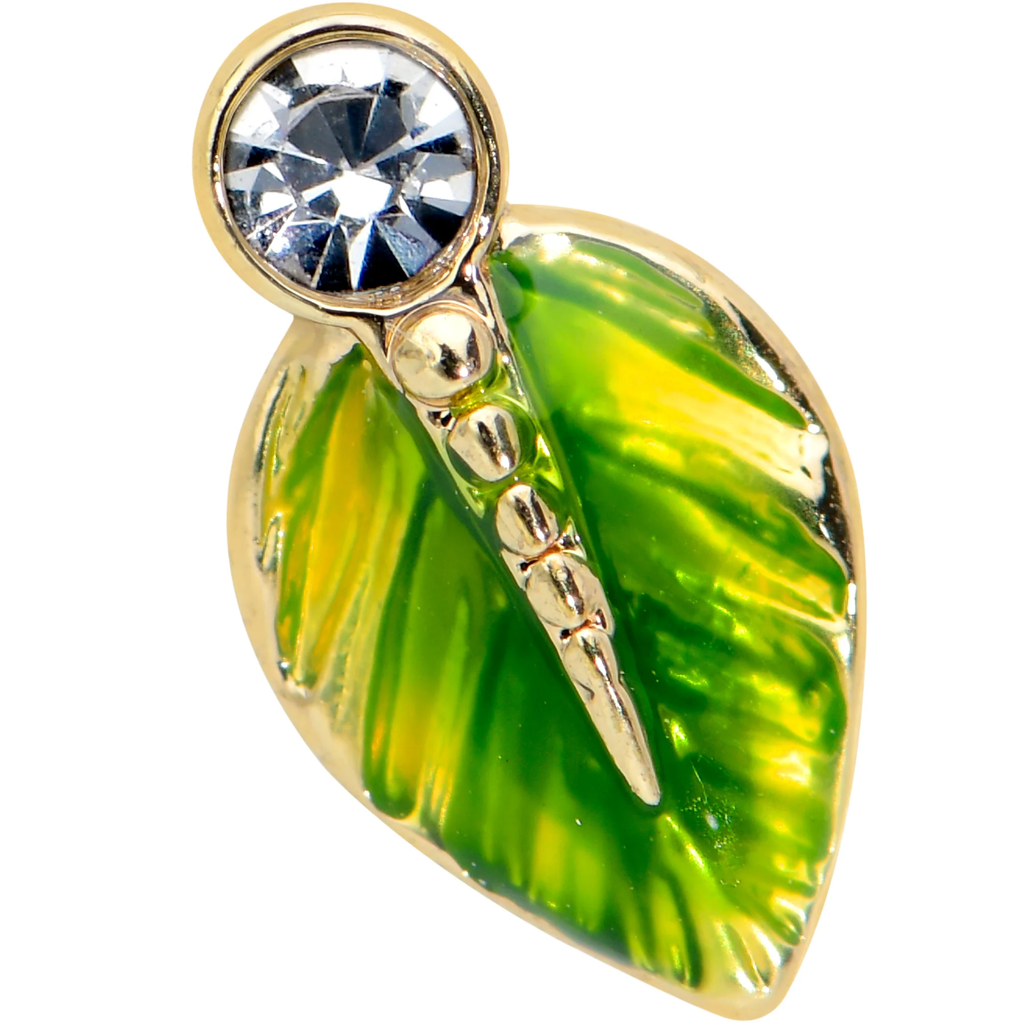 20G 1/4  Clear Gem Gold Tone Lush Green Leaf Nose Bone - Image 2