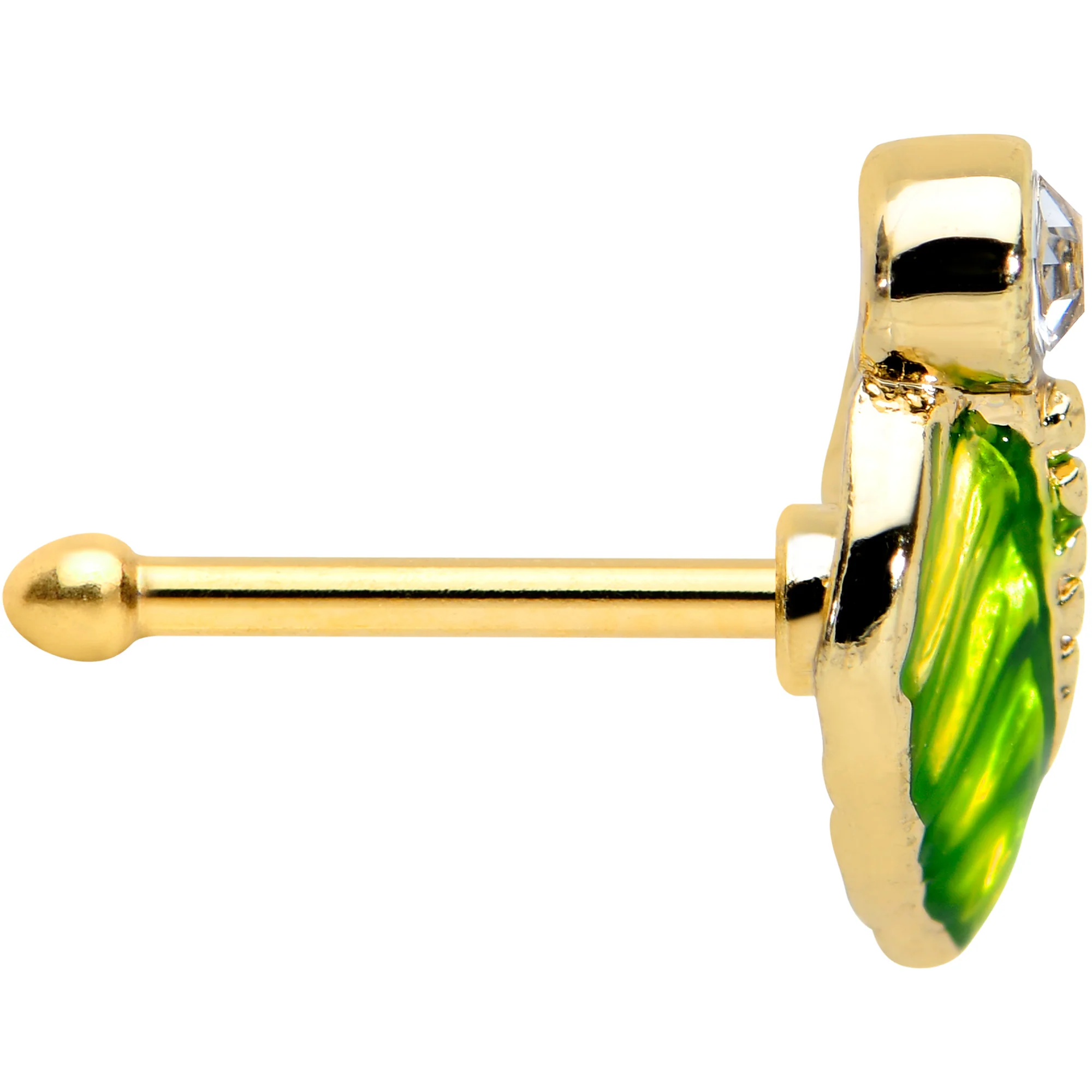 20G 1/4  Clear Gem Gold Tone Lush Green Leaf Nose Bone - Image 3