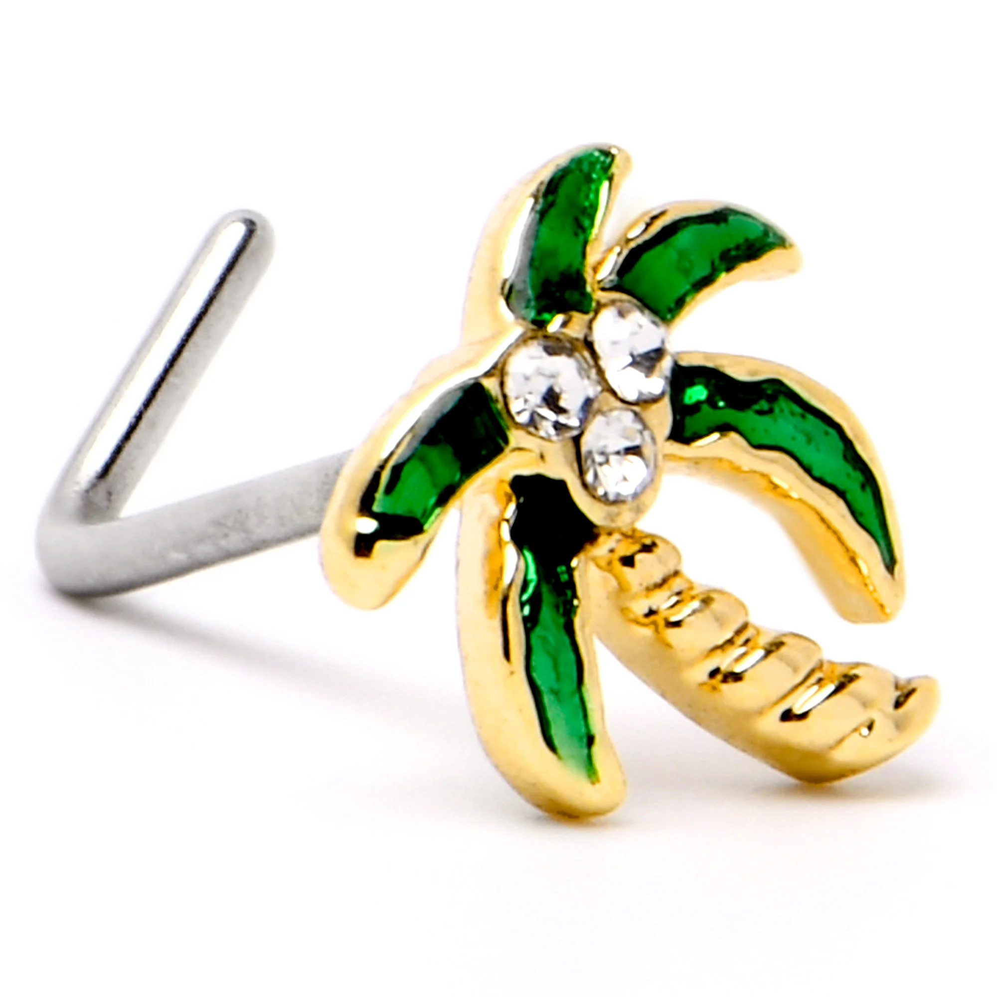 20G 1/4 Clear Gem Golden Palm Tree Style L Shape Nose Ring - Image 5