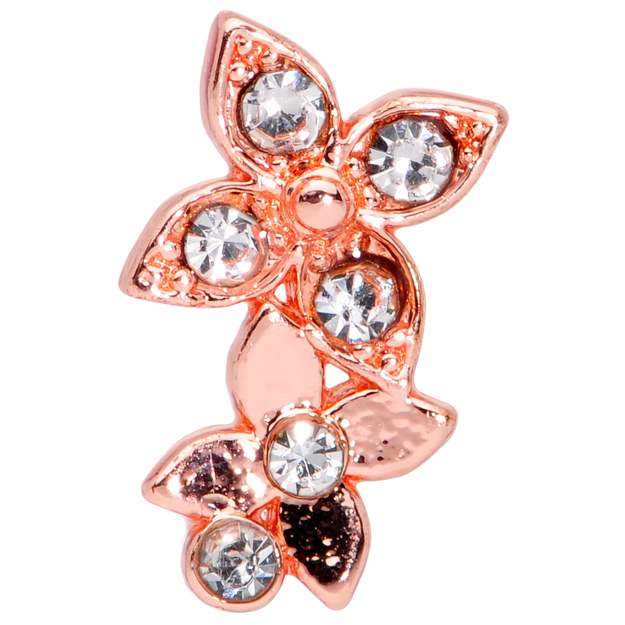 20G 1/4 Clear Gem Rose Gold Hue Butterfly Flower Nose Ring Screw - Image 2