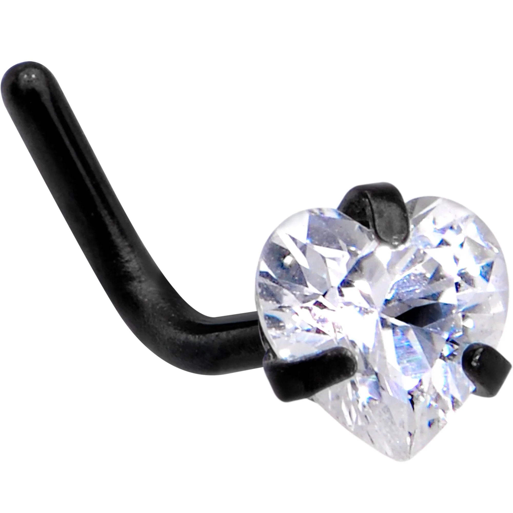 20G 1/4 Clear Heart 3mm CZ Gem Black IP L-Shape Nose Ring - Image 2