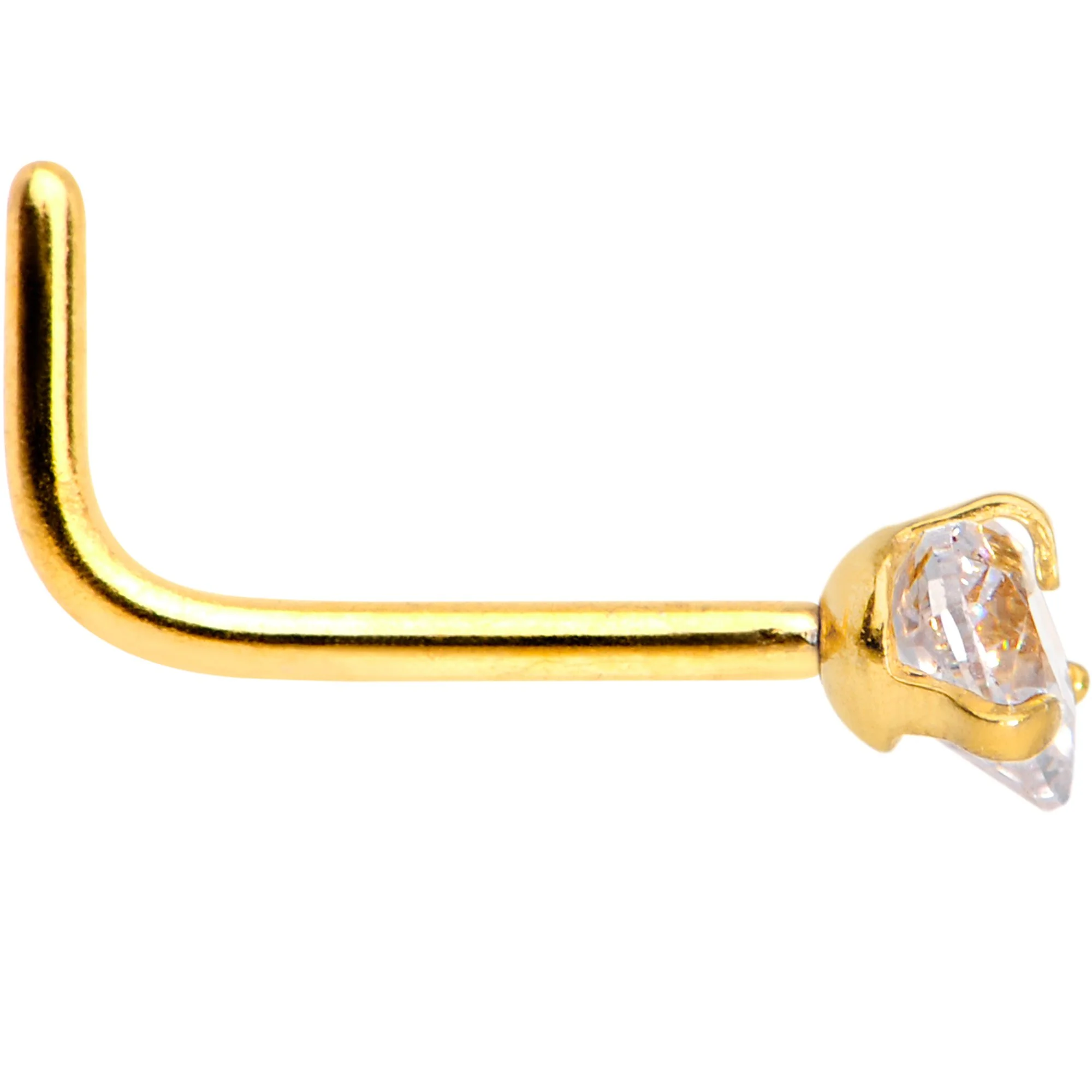 20G 1/4 Clear Heart 3mm CZ Gem Gold IP L-Shape Nose Ring - Image 3