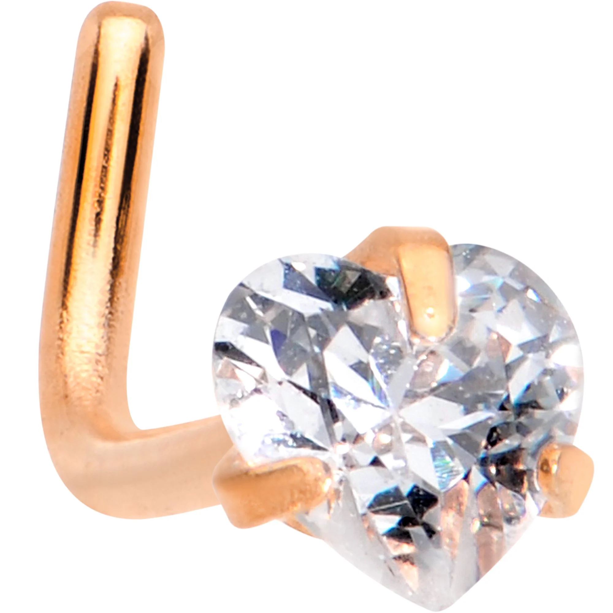 20G 1/4 Clear Heart 3mm CZ Gem Rose Gold IP L-Shape Nose Ring - Image 2