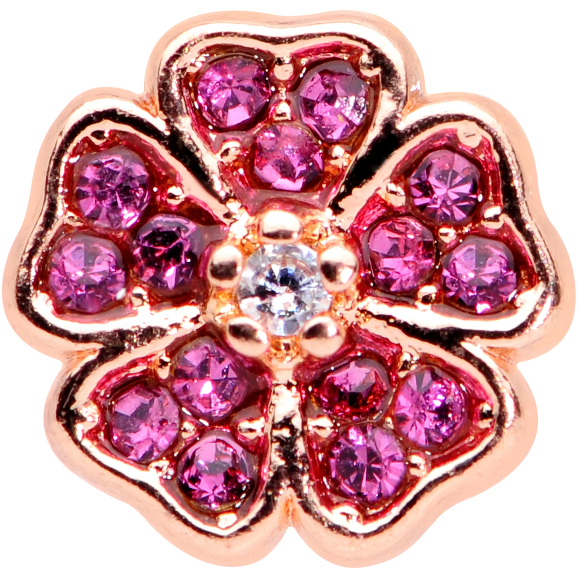 20G 1/4 Clear Pink Gem Rose Gold Tone Heart Flower Nose Bone - Image 2