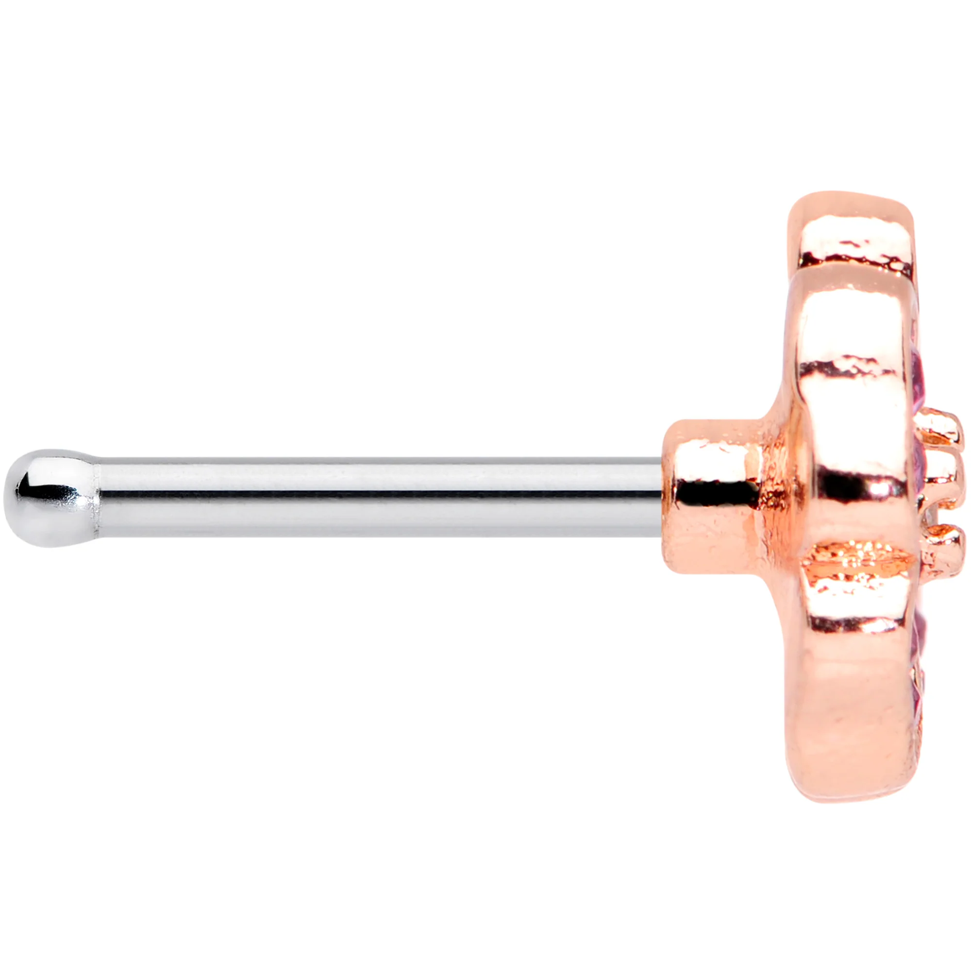 20G 1/4 Clear Pink Gem Rose Gold Tone Heart Flower Nose Bone - Image 3