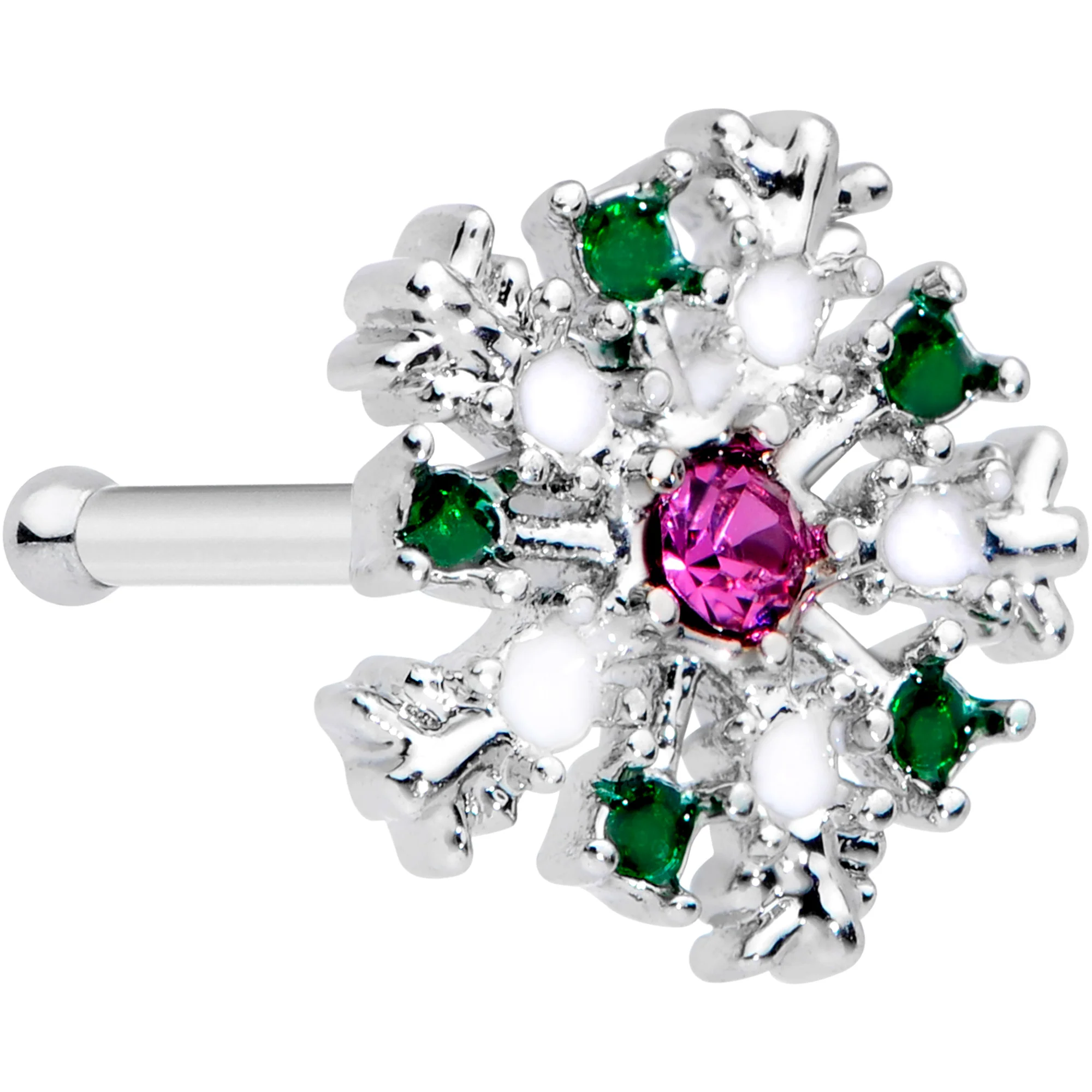 20G 1/4 Clear Pink Green Gem Snowflake Nose Bone
