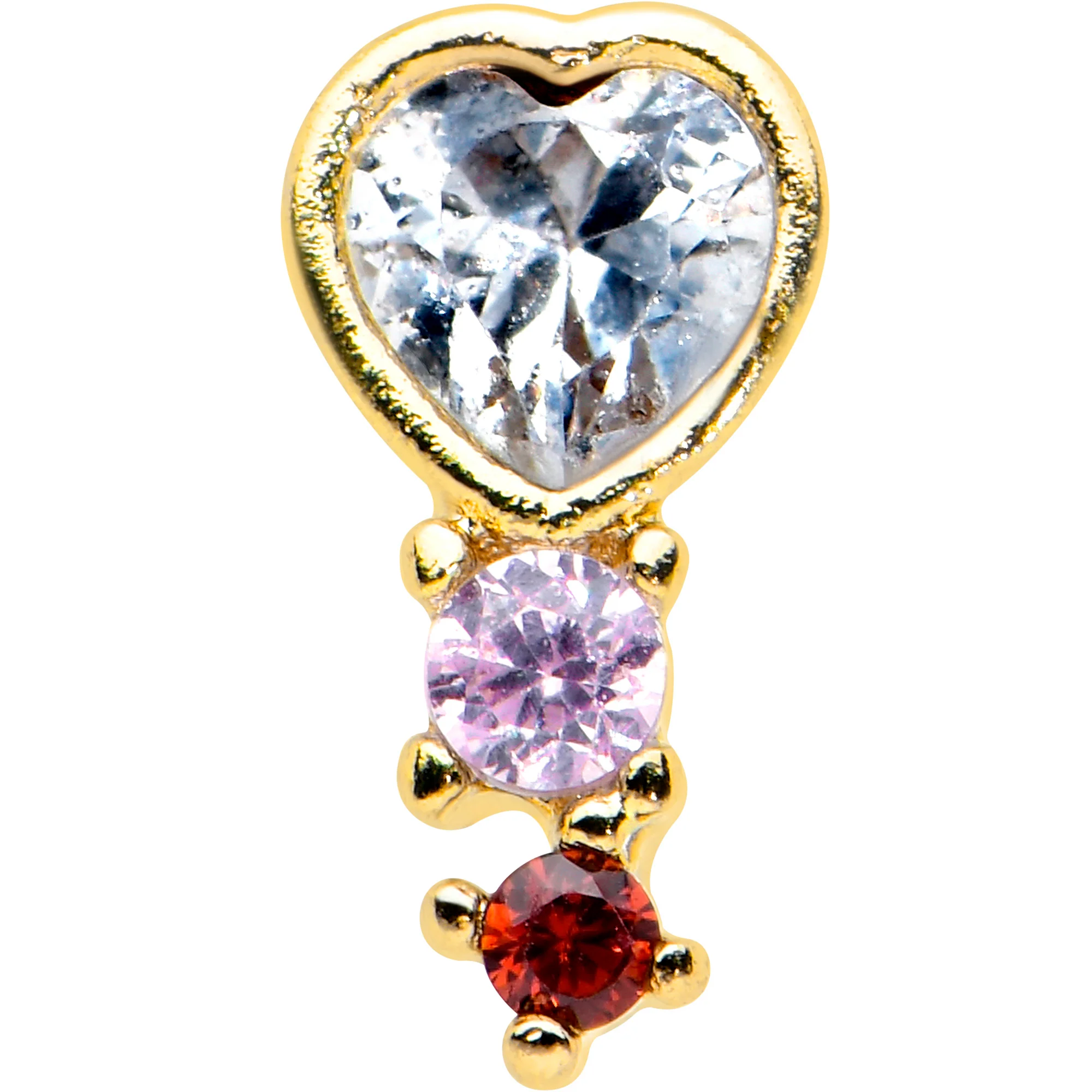 20G 1/4 Clear Pink Red CZ Gem Gold Tone Heart Valentine Nose Bone - Image 2