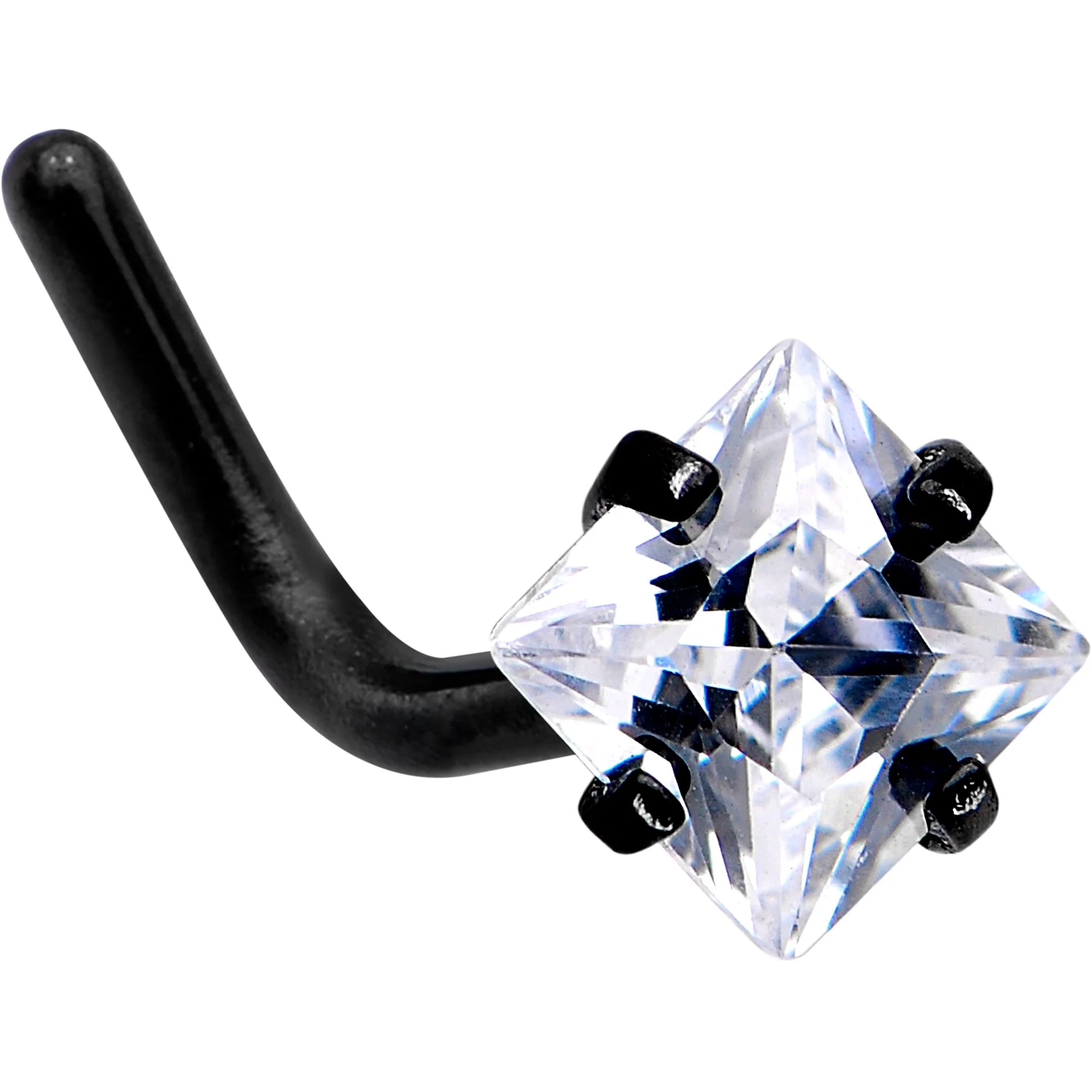 20G 1/4 Clear Square 2.5mm CZ Gem Black IP L-Shape Nose Ring - Image 2