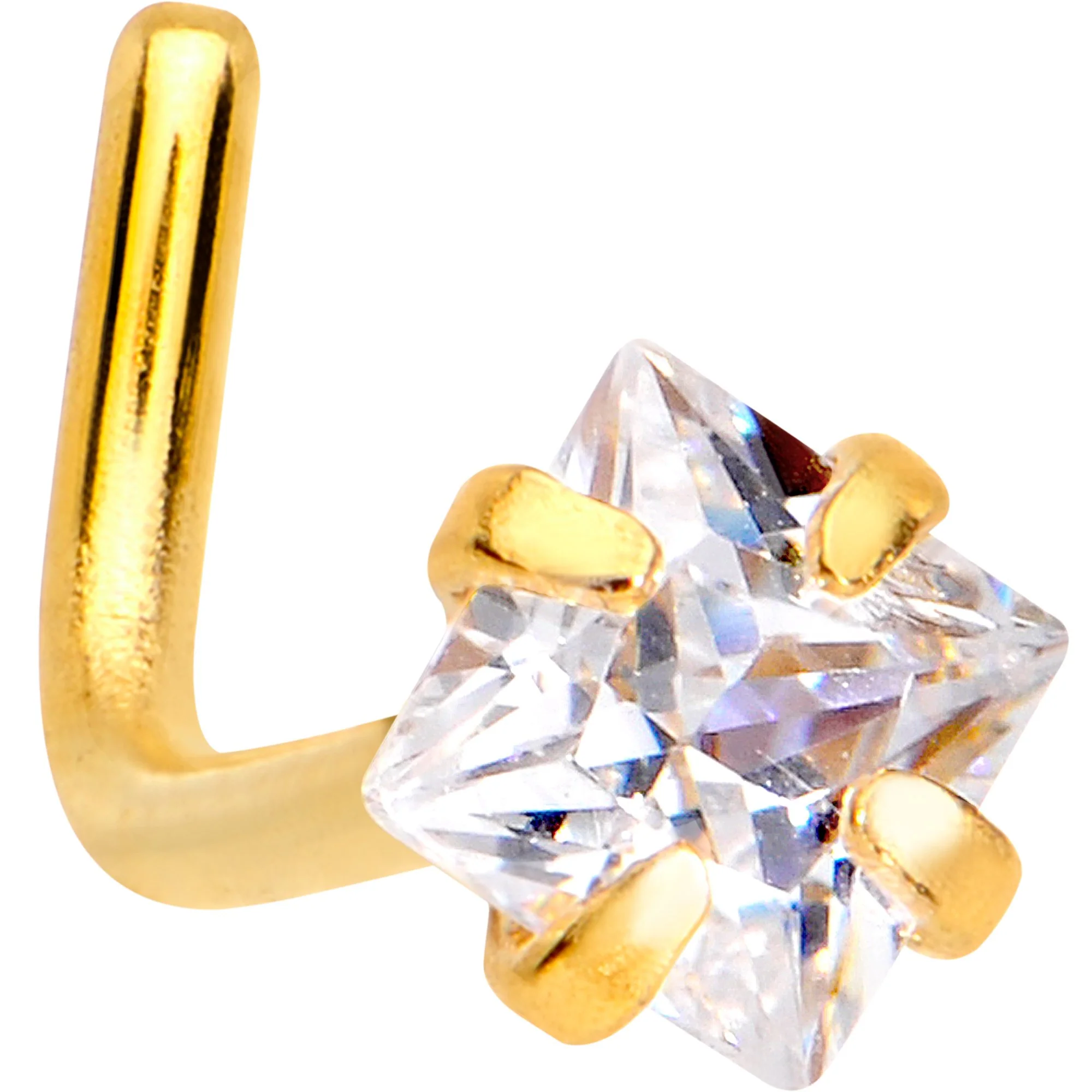 20G 1/4 Clear Square 2.5mm CZ Gem Gold IP L-Shape Nose Ring - Image 2