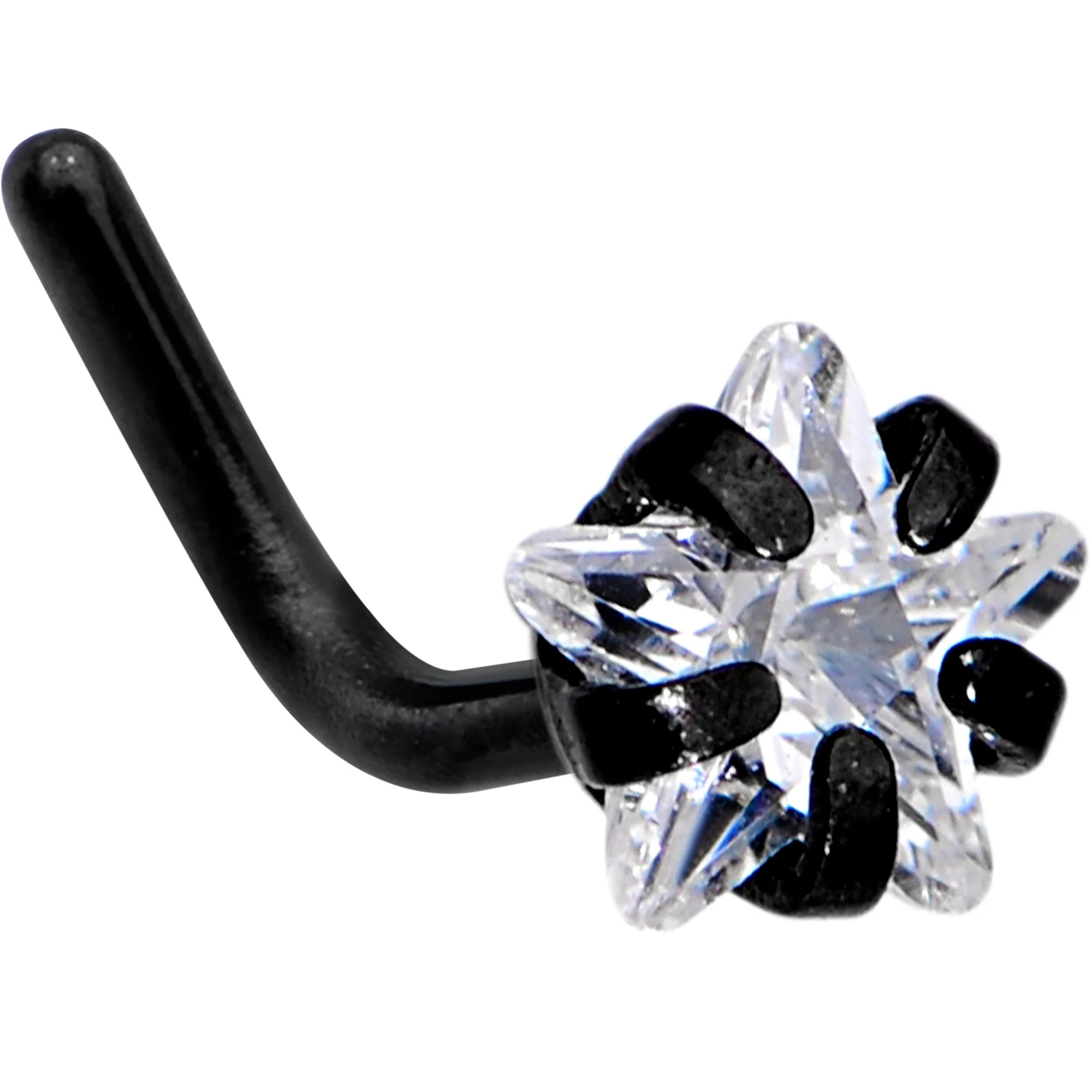 20G 1/4 Clear Star 3mm CZ Gem Black IP L-Shape Nose Ring - Image 2