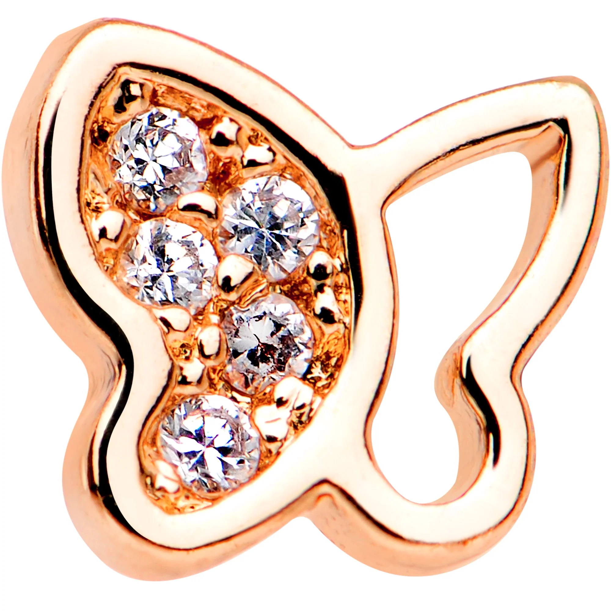 20G 1/4 CZ Gem Rose Gold Tone Half Paved Butterfly Nose Bone - Image 2