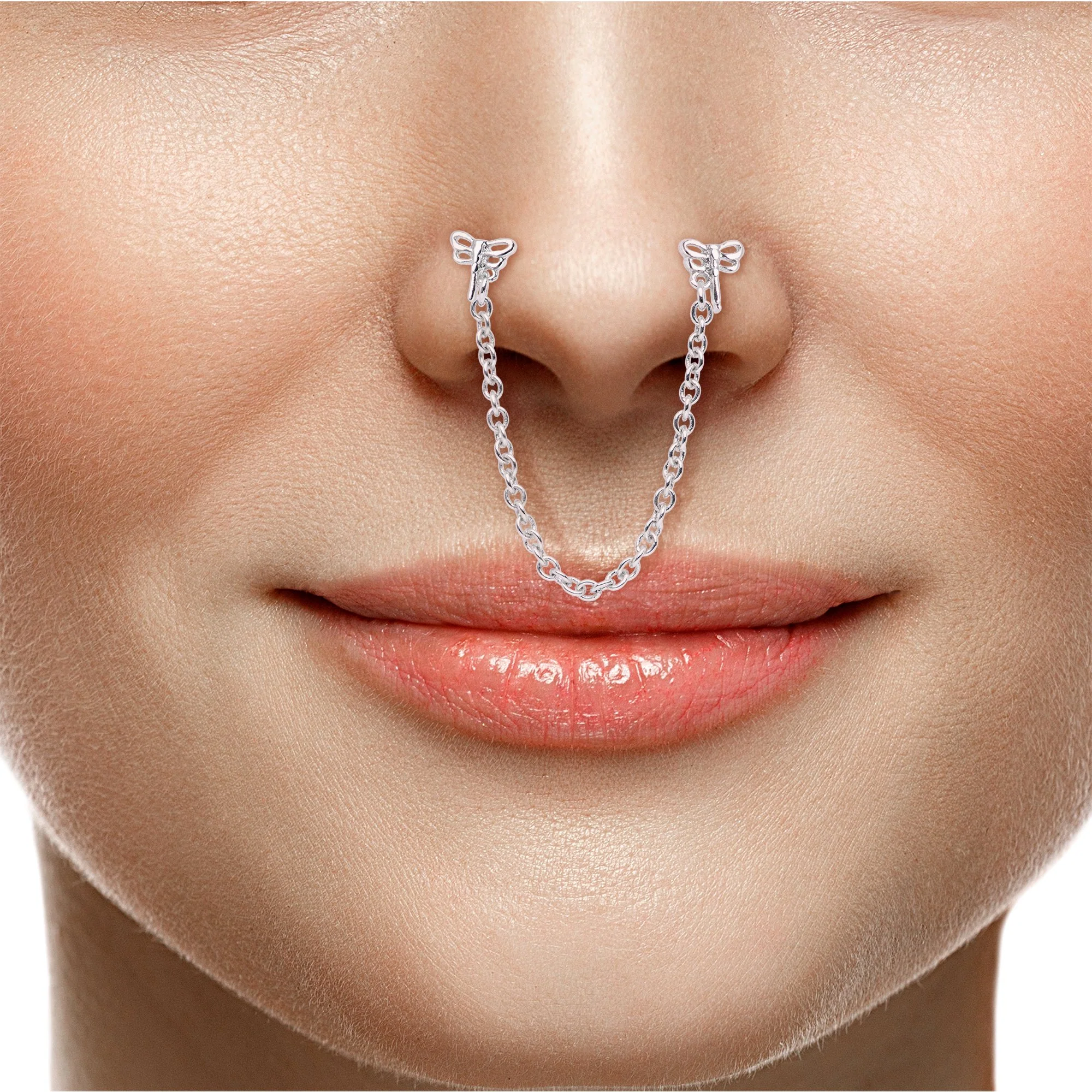 20G 1/4 Daring Dragonfly Chain Dangle Double Nose Bone - Image 4