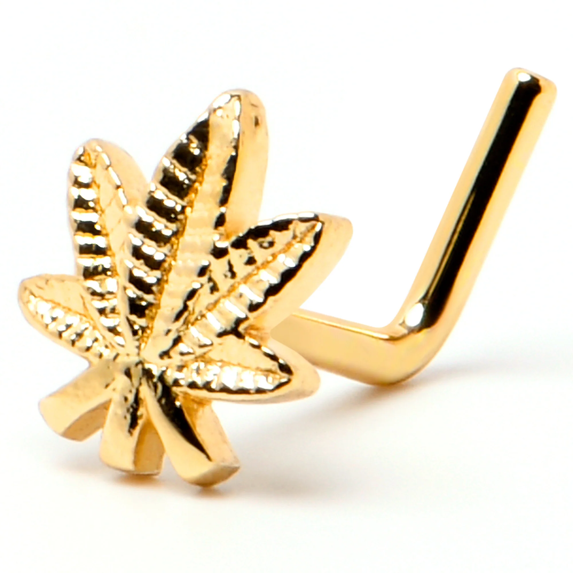 20G 1/4 Gold Tone Texture Pot Leaf L Shape Nose Ring - Image 5
