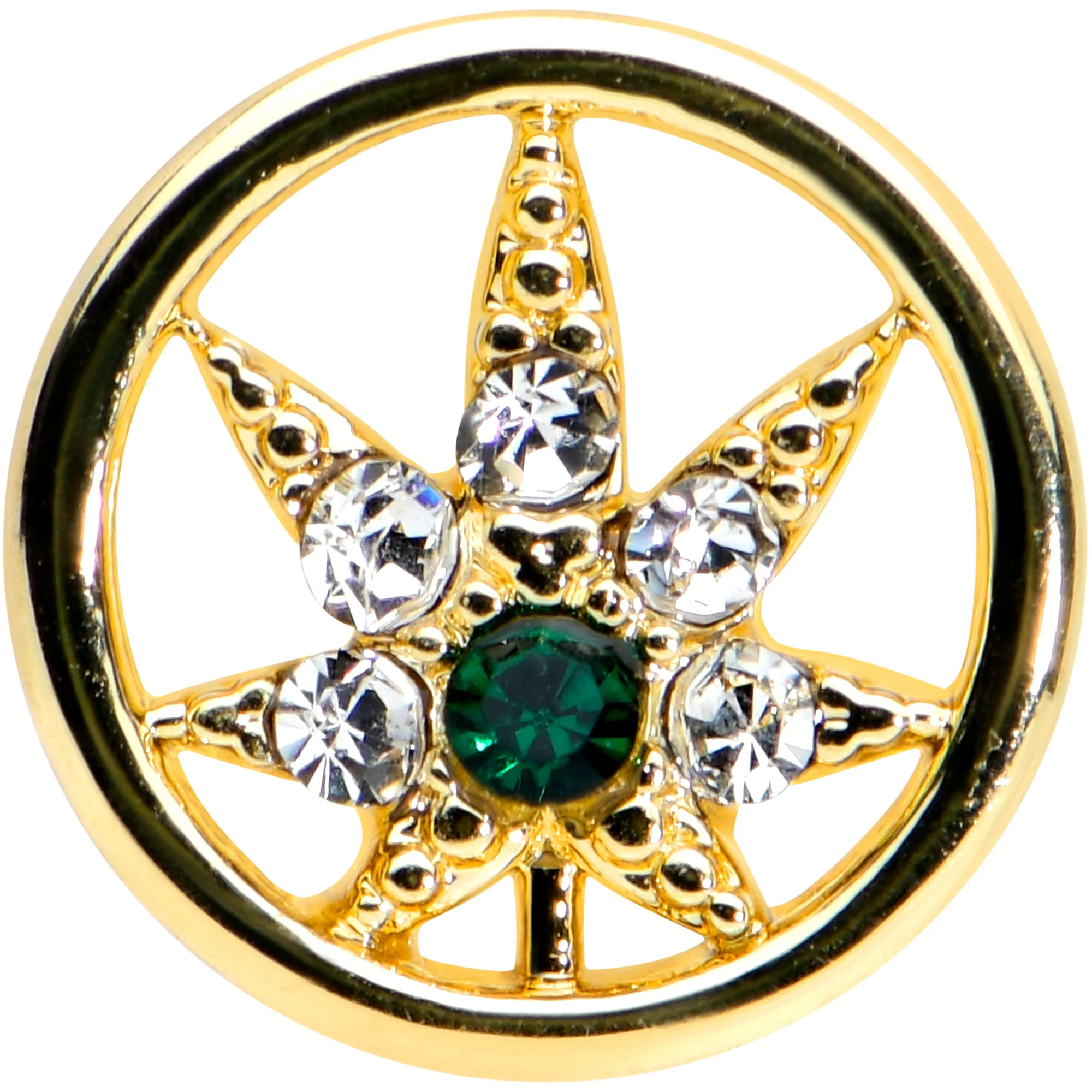 20G 1/4 Green Gem Gold Tone Pot Leaf Circle L Shape Nose Ring - Image 2