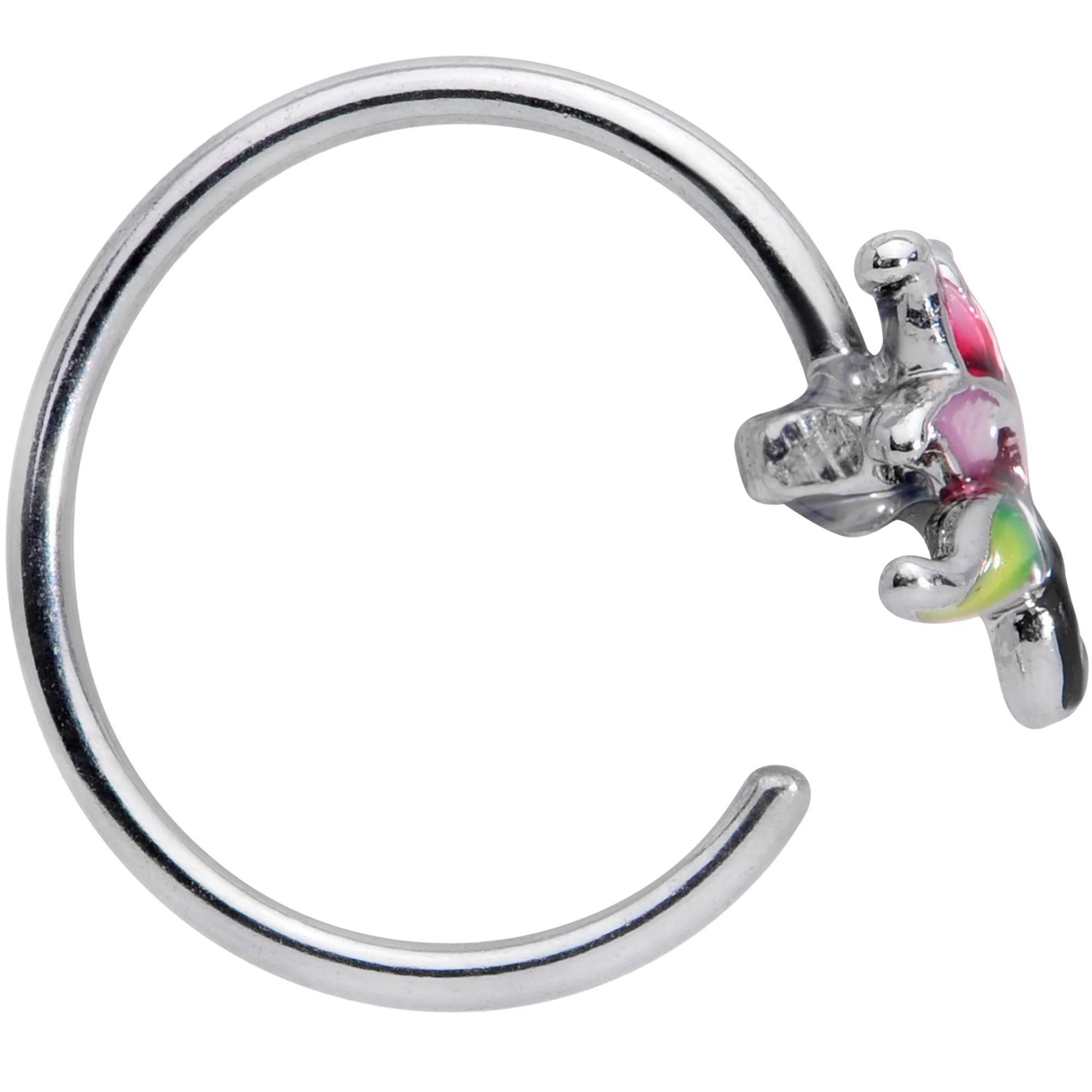 20G 1/4 Green Purple Tropical Flower Nose Hoop - Image 2