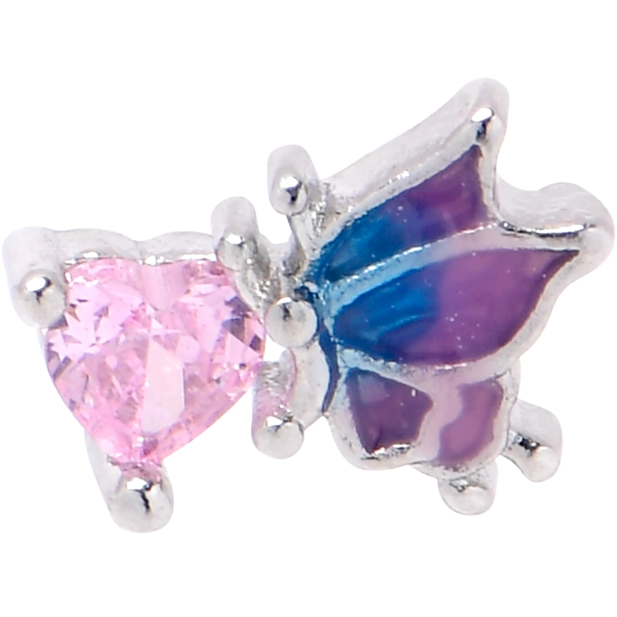 20G 1/4 Pink CZ Gem Heart Butterfly L Shape Nose Ring - Image 2