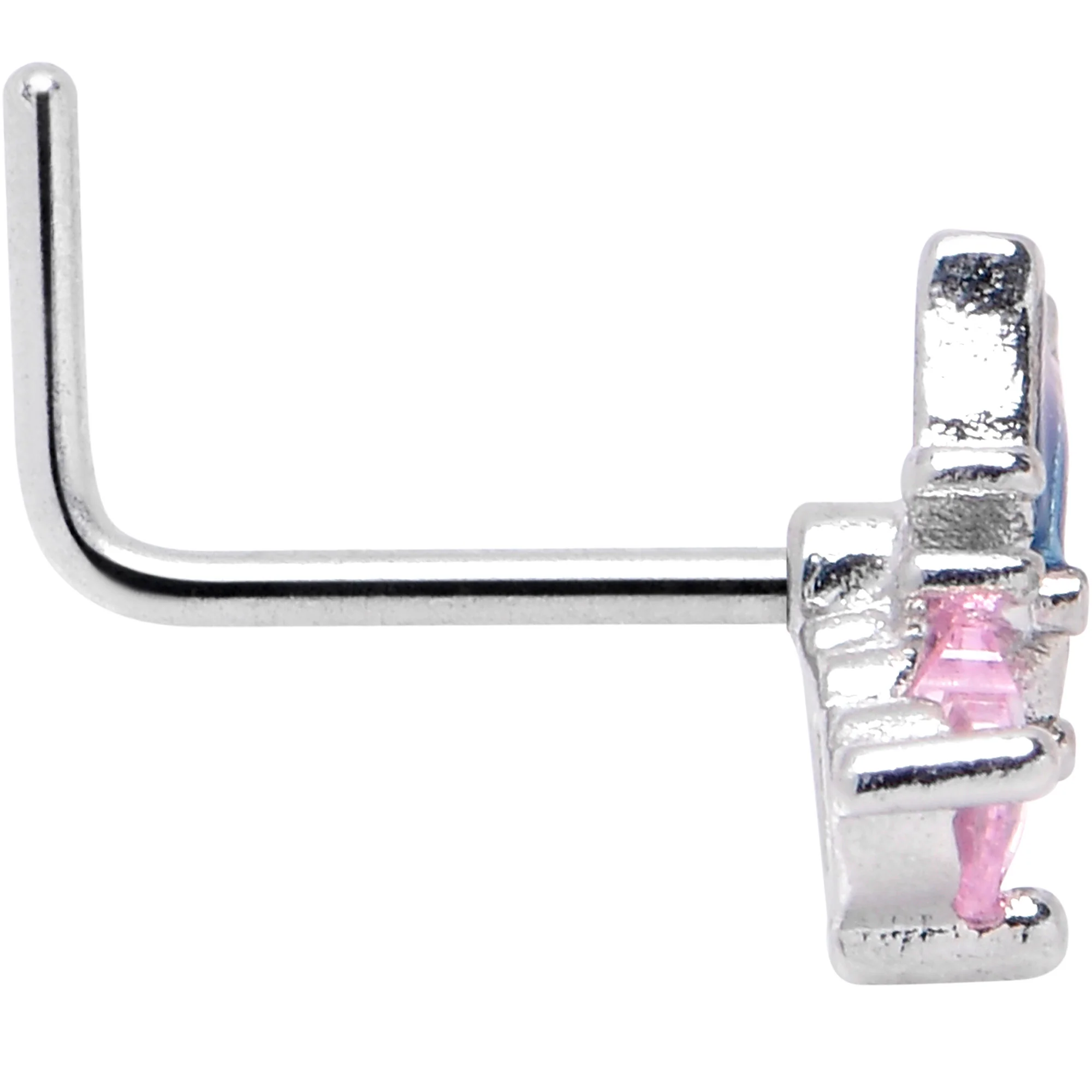 20G 1/4 Pink CZ Gem Heart Butterfly L Shape Nose Ring - Image 3