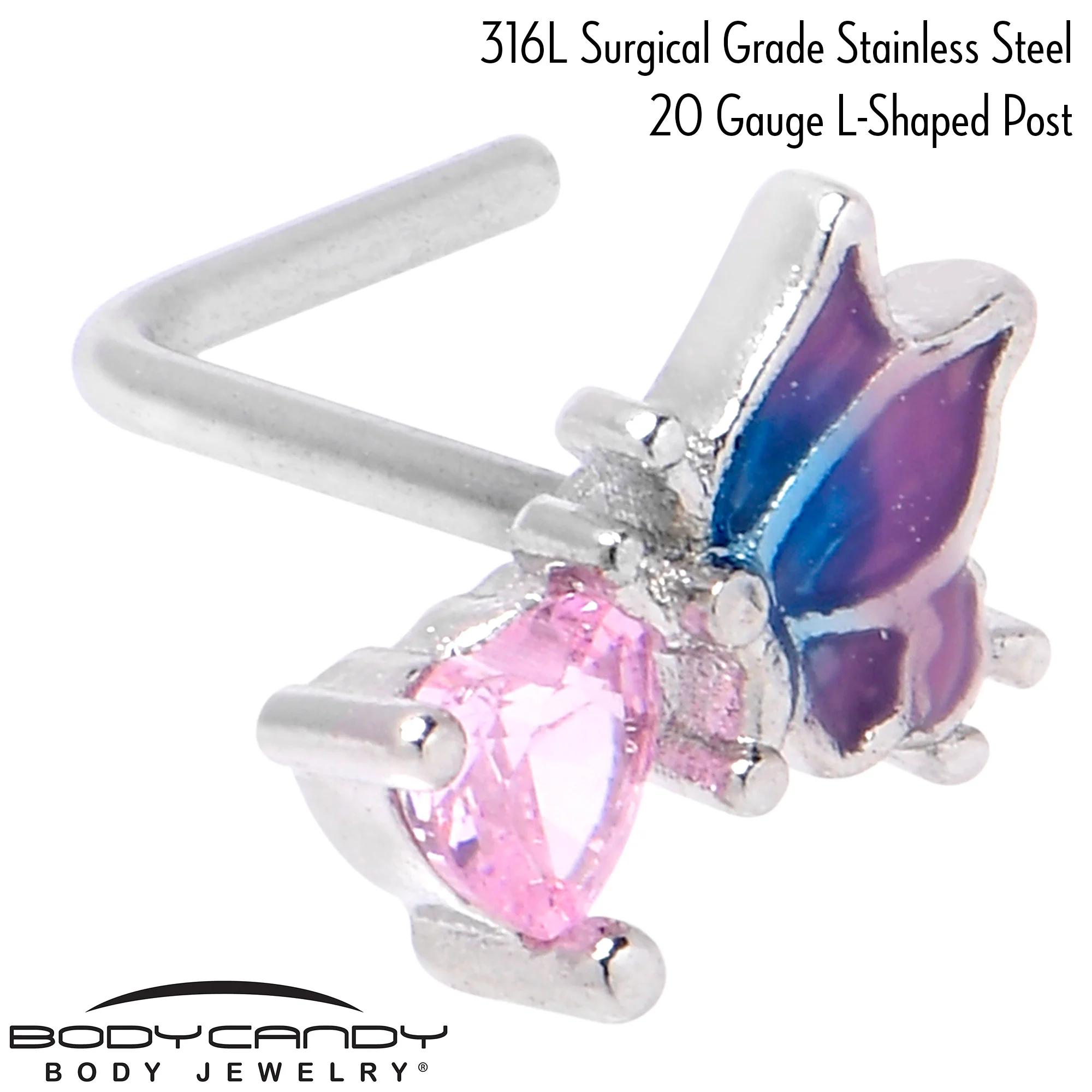 20G 1/4 Pink CZ Gem Heart Butterfly L Shape Nose Ring - Image 4