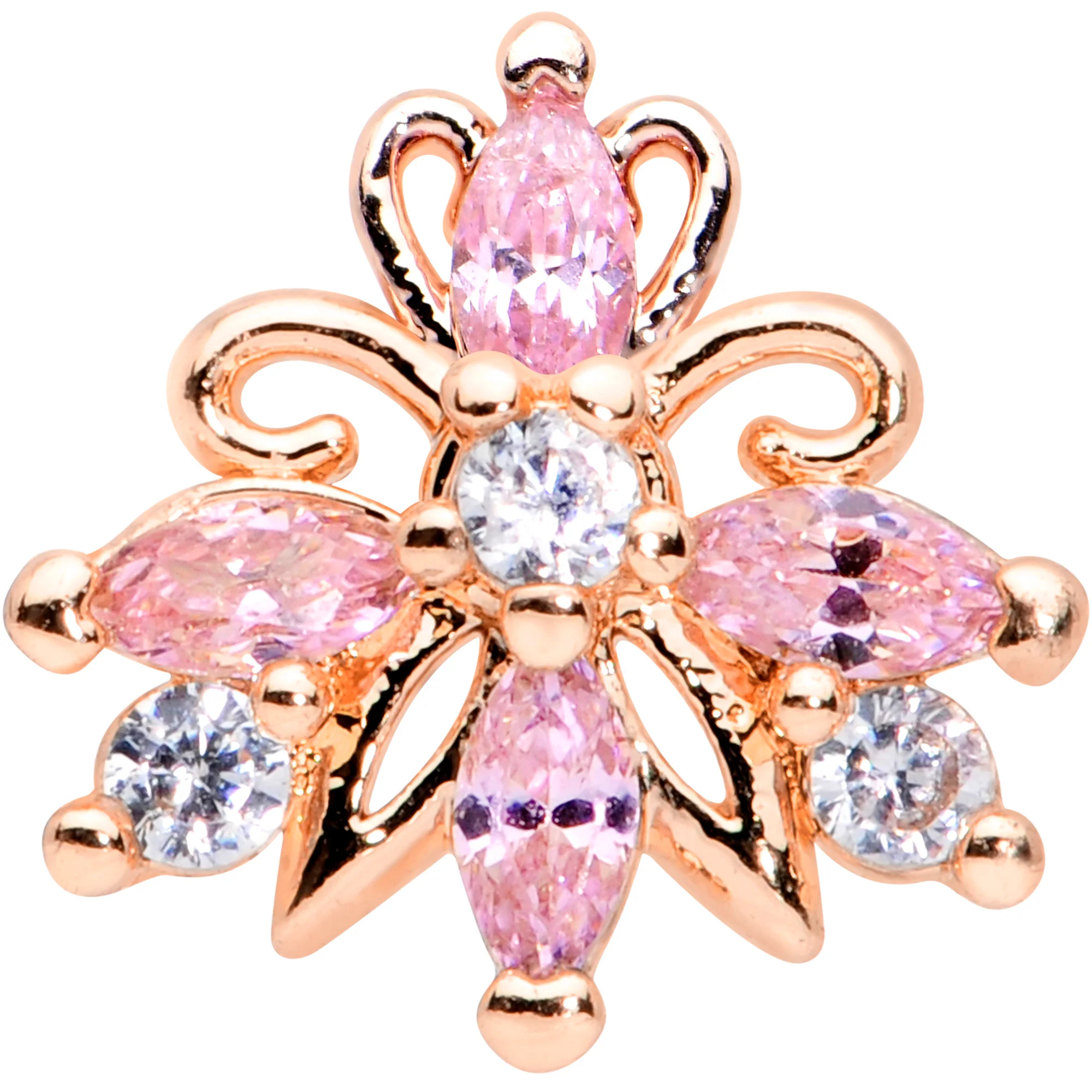 20G 1/4 Pink CZ Gem Rose Gold Tone Looping L Shape Nose Ring - Image 2