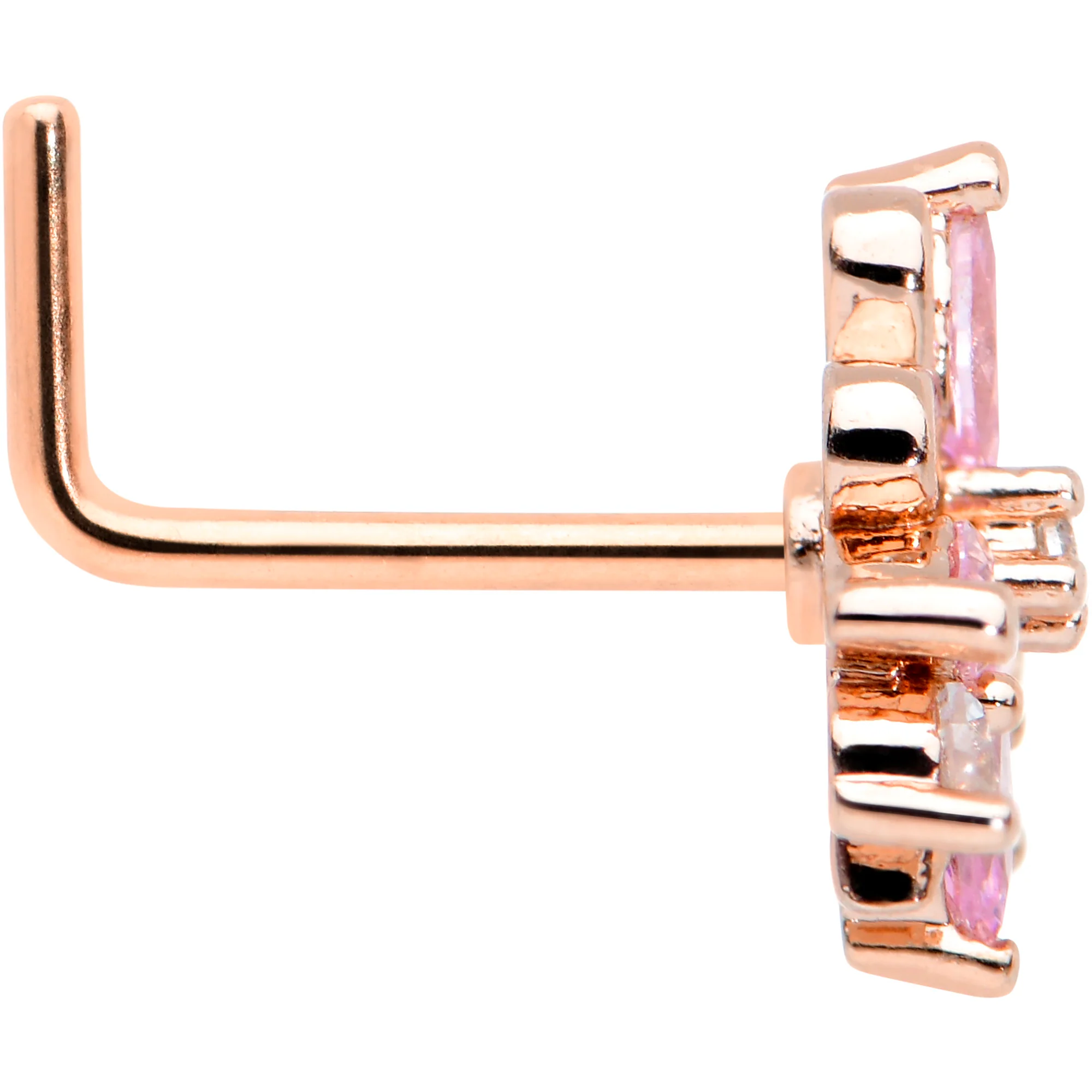 20G 1/4 Pink CZ Gem Rose Gold Tone Looping L Shape Nose Ring - Image 3
