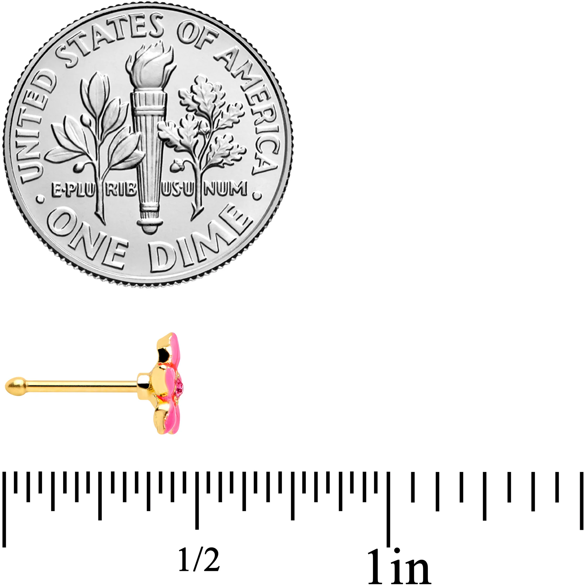 20G 1/4 Pink Gem Gold Tone Exotic Flower Nose Bone - Image 4