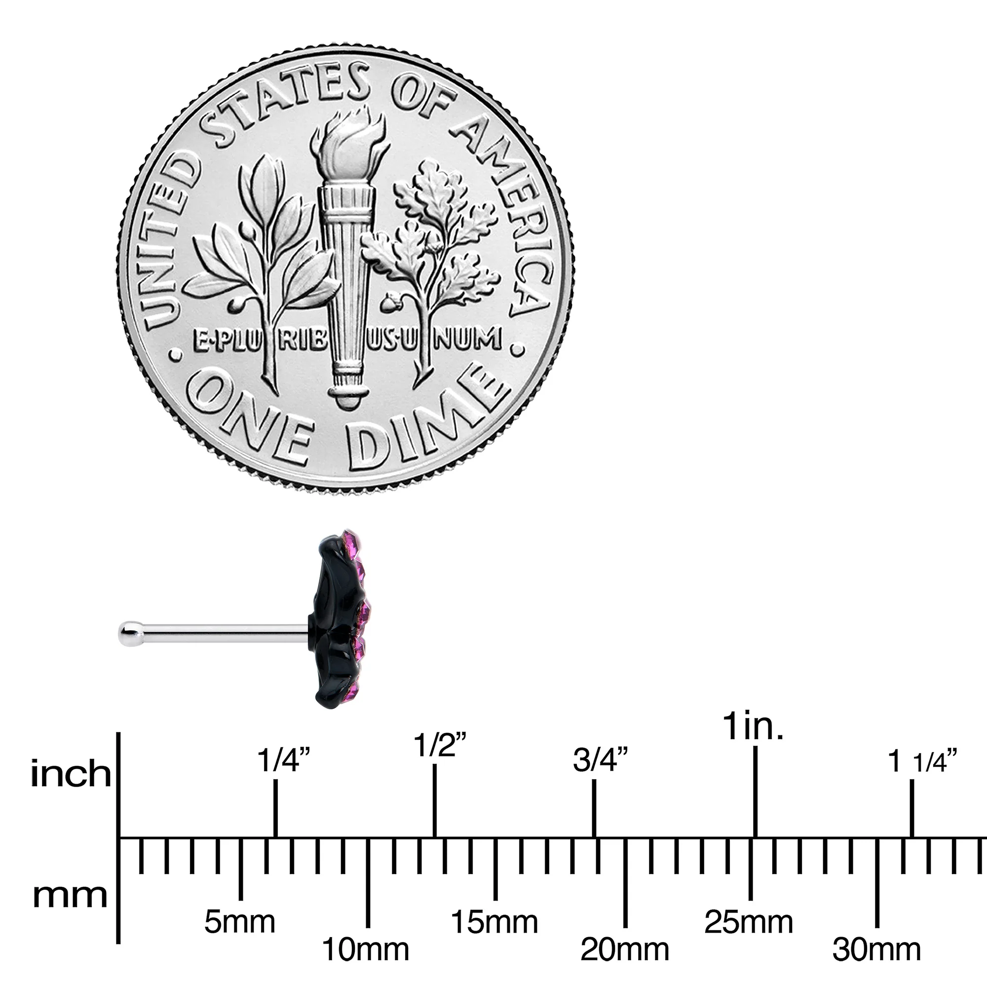 20G 1/4 Pink Gem Midnight Black Butterfly Nose Bone - Image 4