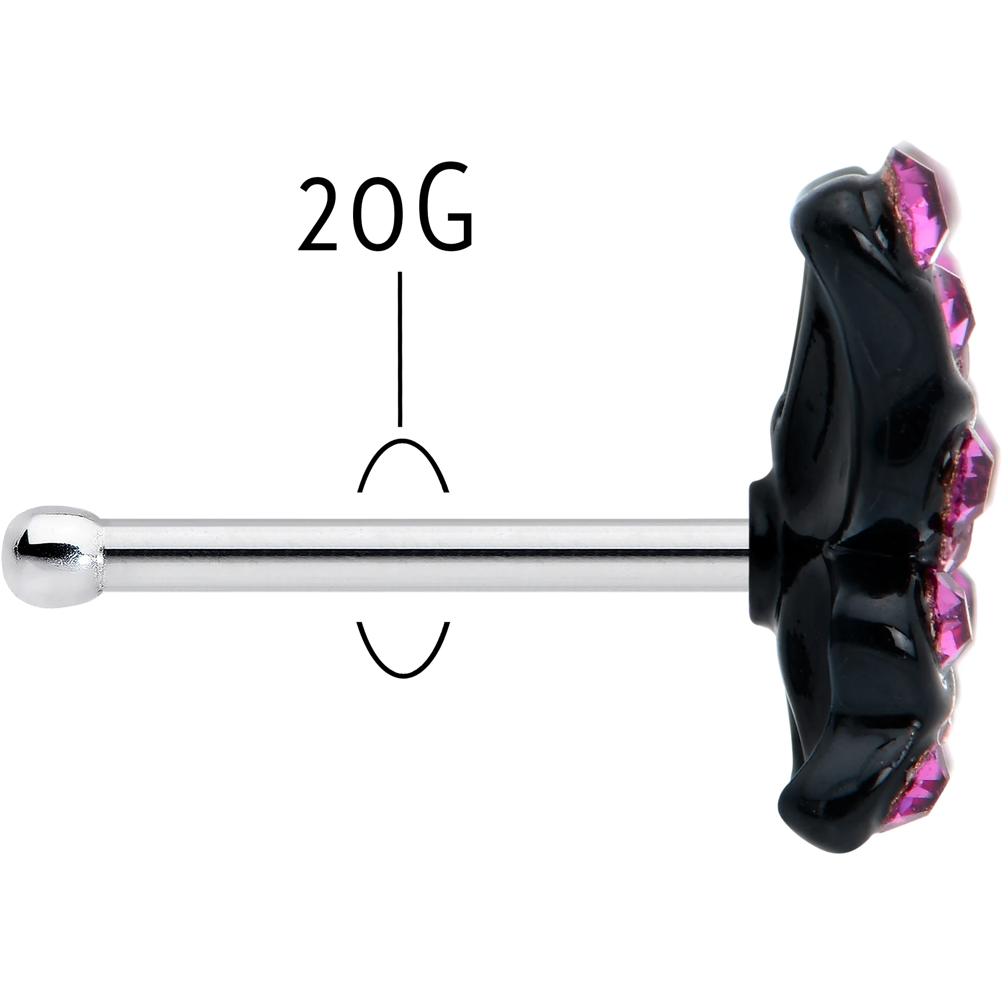 20G 1/4 Pink Gem Midnight Black Butterfly Nose Bone - Image 5