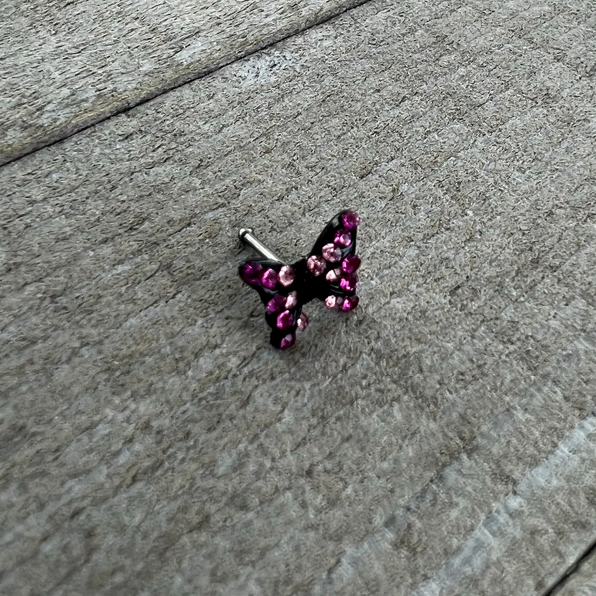 20G 1/4 Pink Gem Midnight Black Butterfly Nose Bone - Image 6