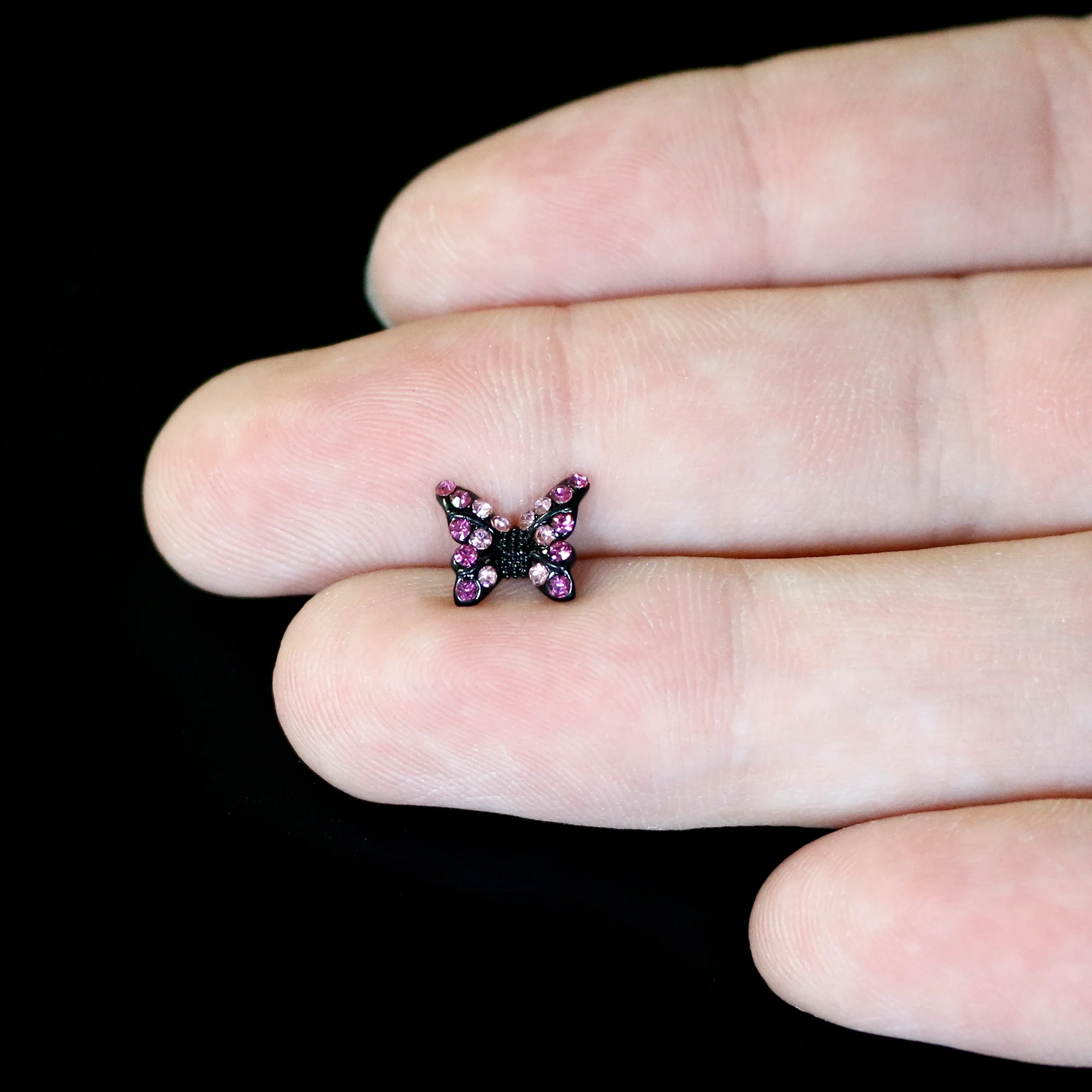 20G 1/4 Pink Gem Midnight Black Butterfly Nose Bone - Image 7
