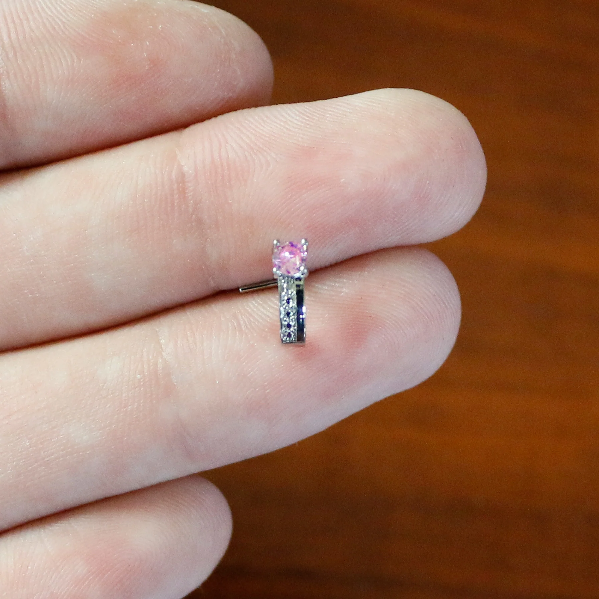 20G 1/4 Pink Gem Texture Glam Faux Hoop L Shape Nose Ring - Image 6