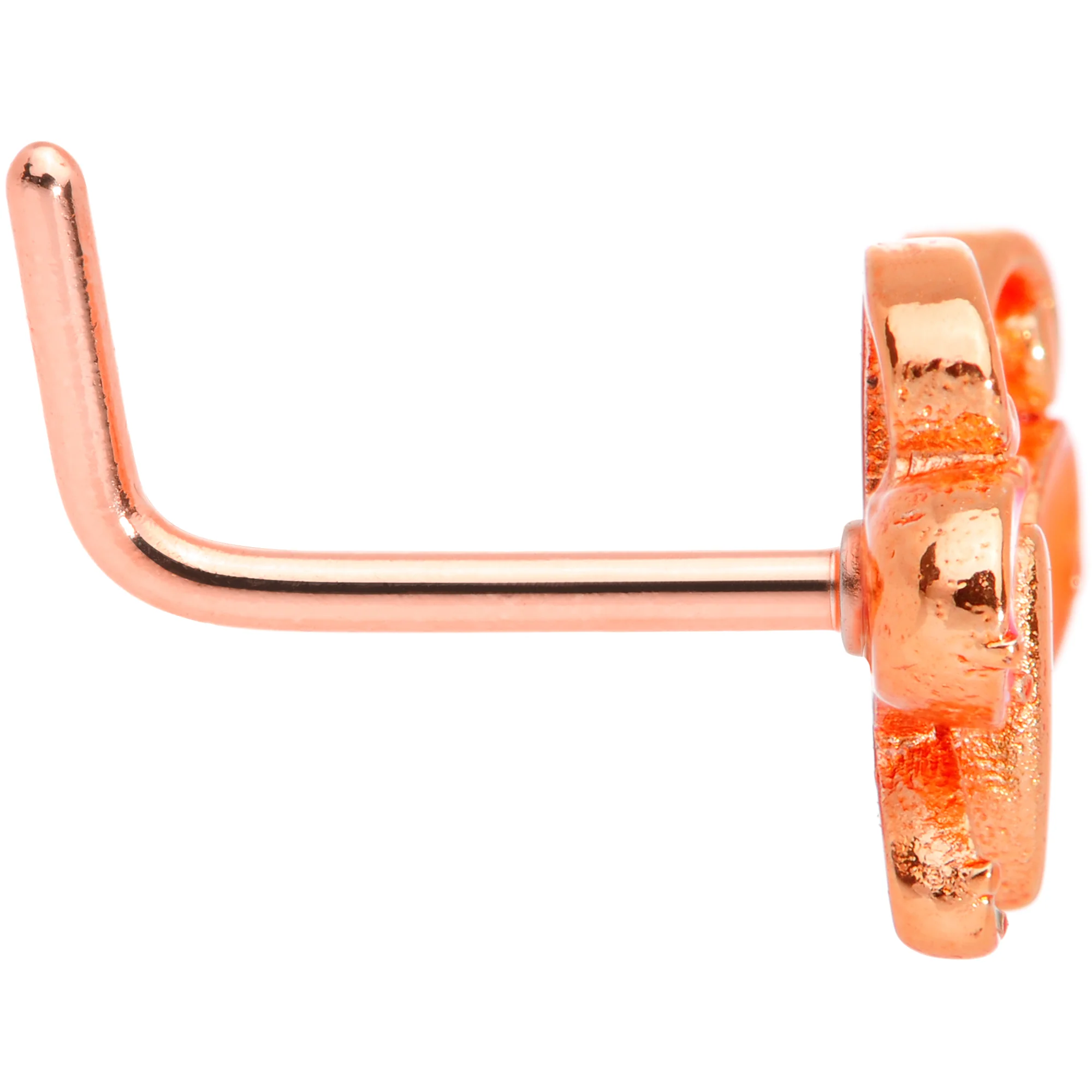 20G 1/4 Pink Orange Rose Gold Tone Butterfly L Shaped Nose Ring - Image 3