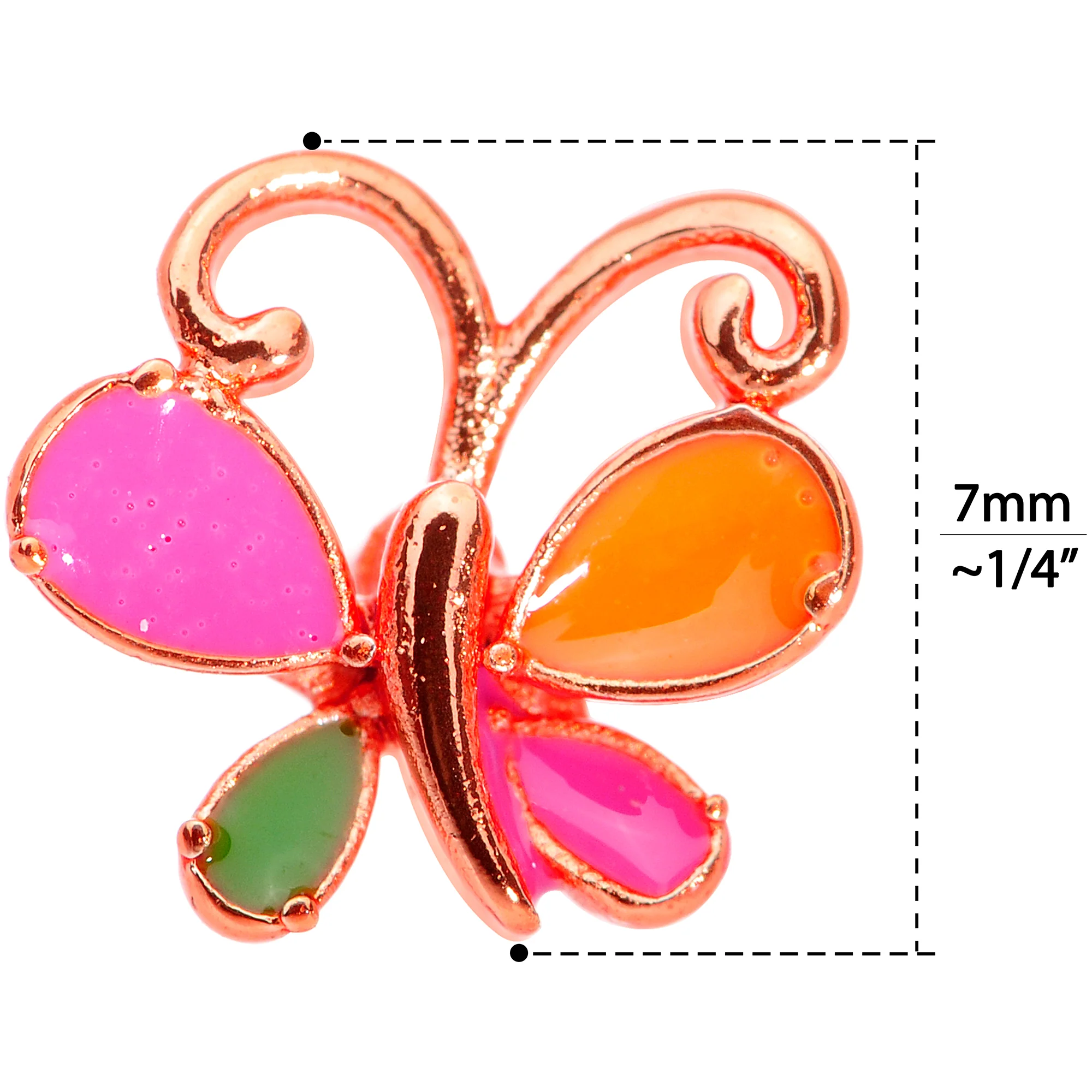 20G 1/4 Pink Orange Rose Gold Tone Butterfly L Shaped Nose Ring - Image 5