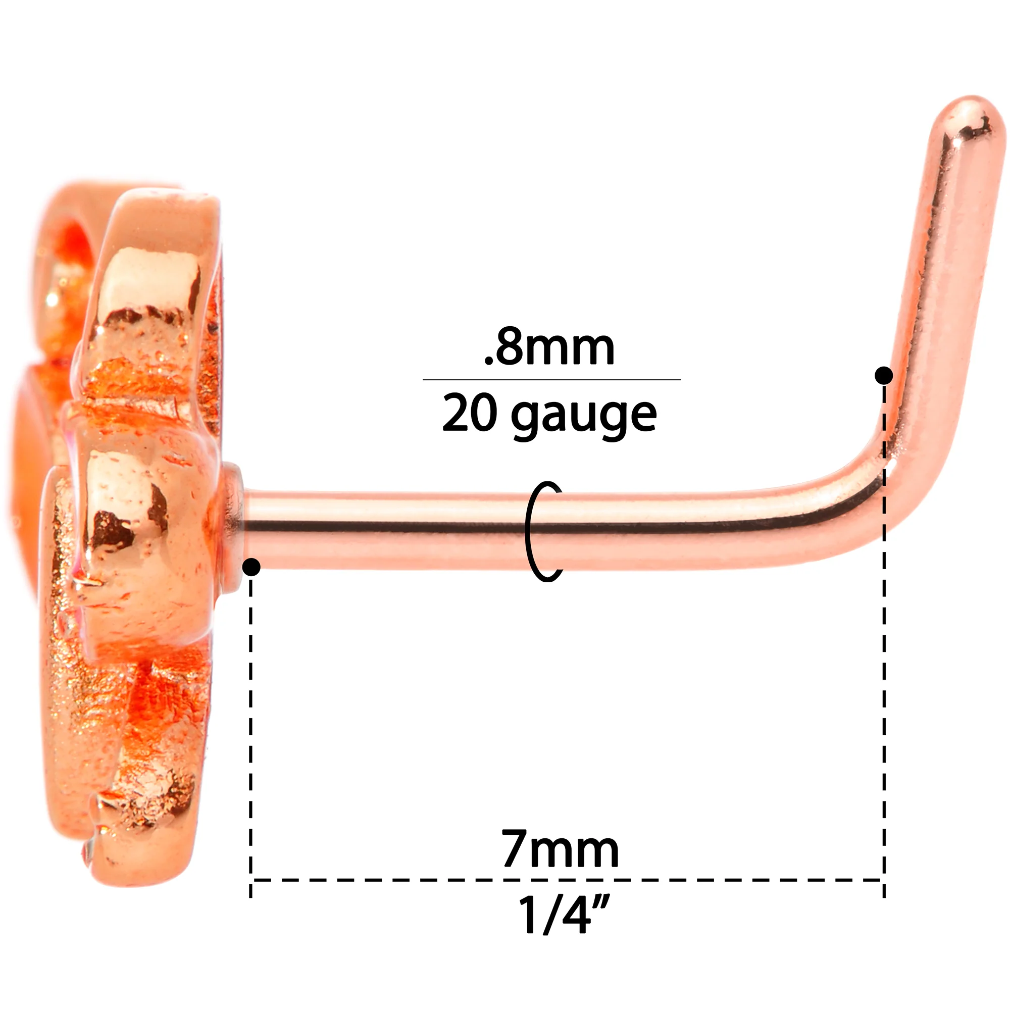 20G 1/4 Pink Orange Rose Gold Tone Butterfly L Shaped Nose Ring - Image 6