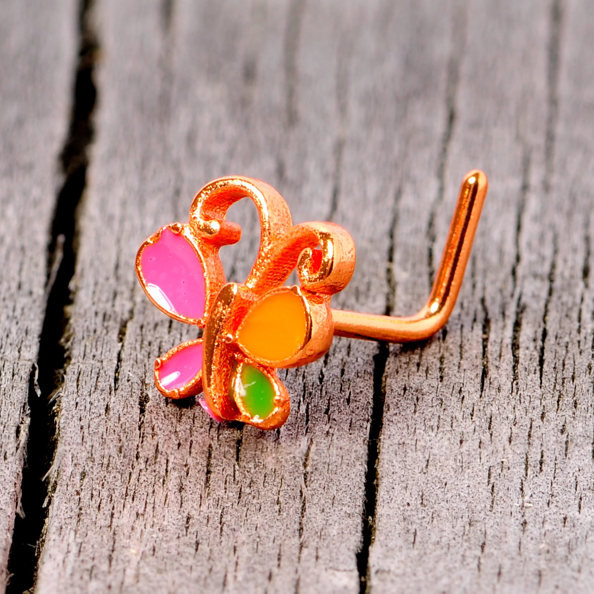 20G 1/4 Pink Orange Rose Gold Tone Butterfly L Shaped Nose Ring - Image 7