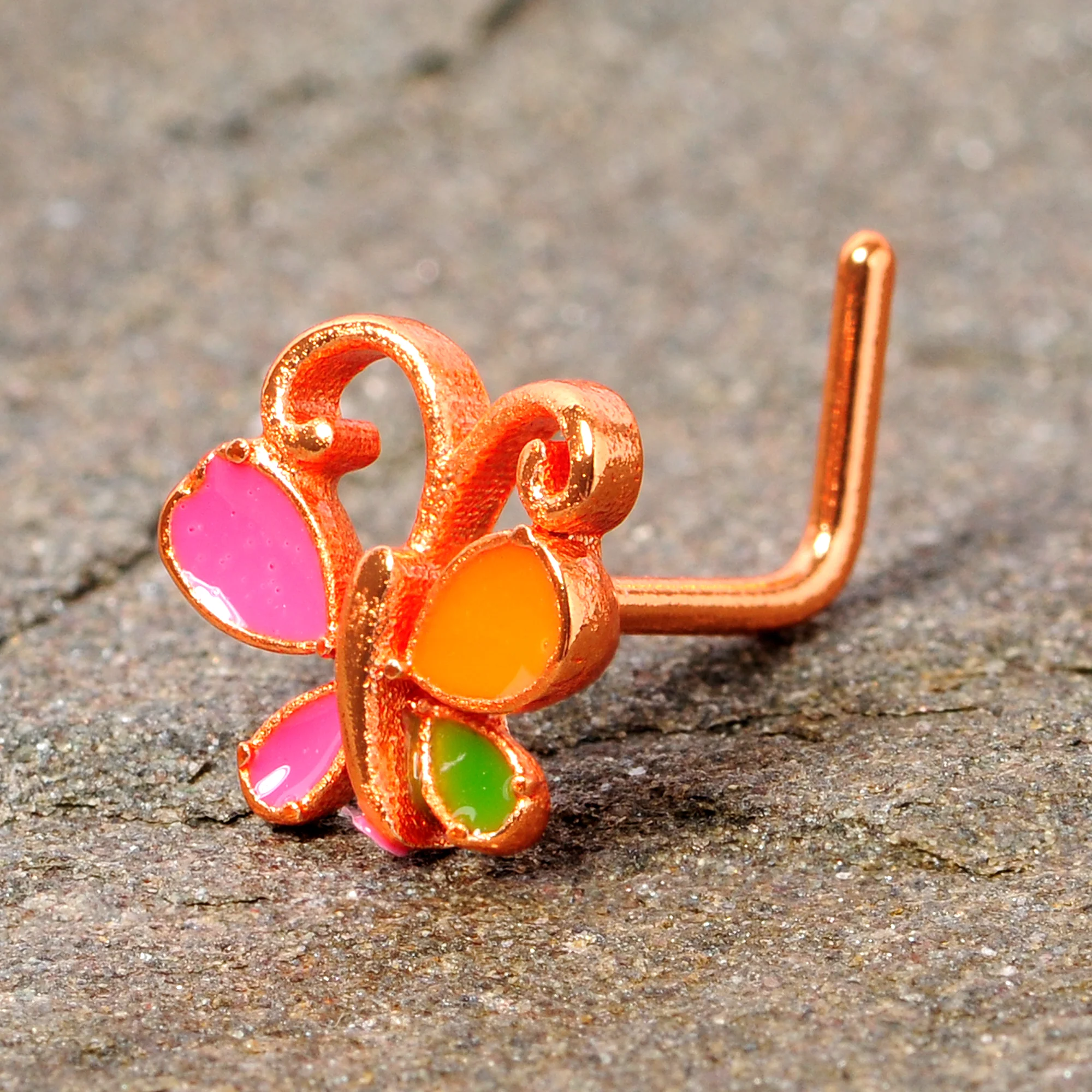 20G 1/4 Pink Orange Rose Gold Tone Butterfly L Shaped Nose Ring - Image 8