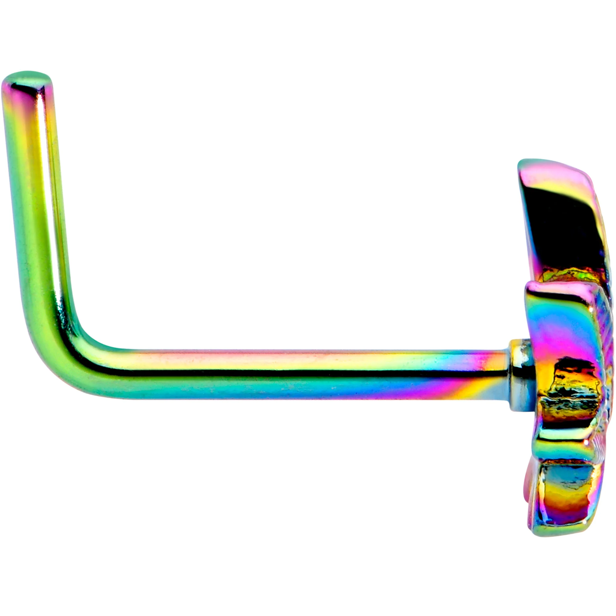 20G 1/4 Rainbow Anodized Texture Pot Leaf L Shape Nose Ring - Image 3
