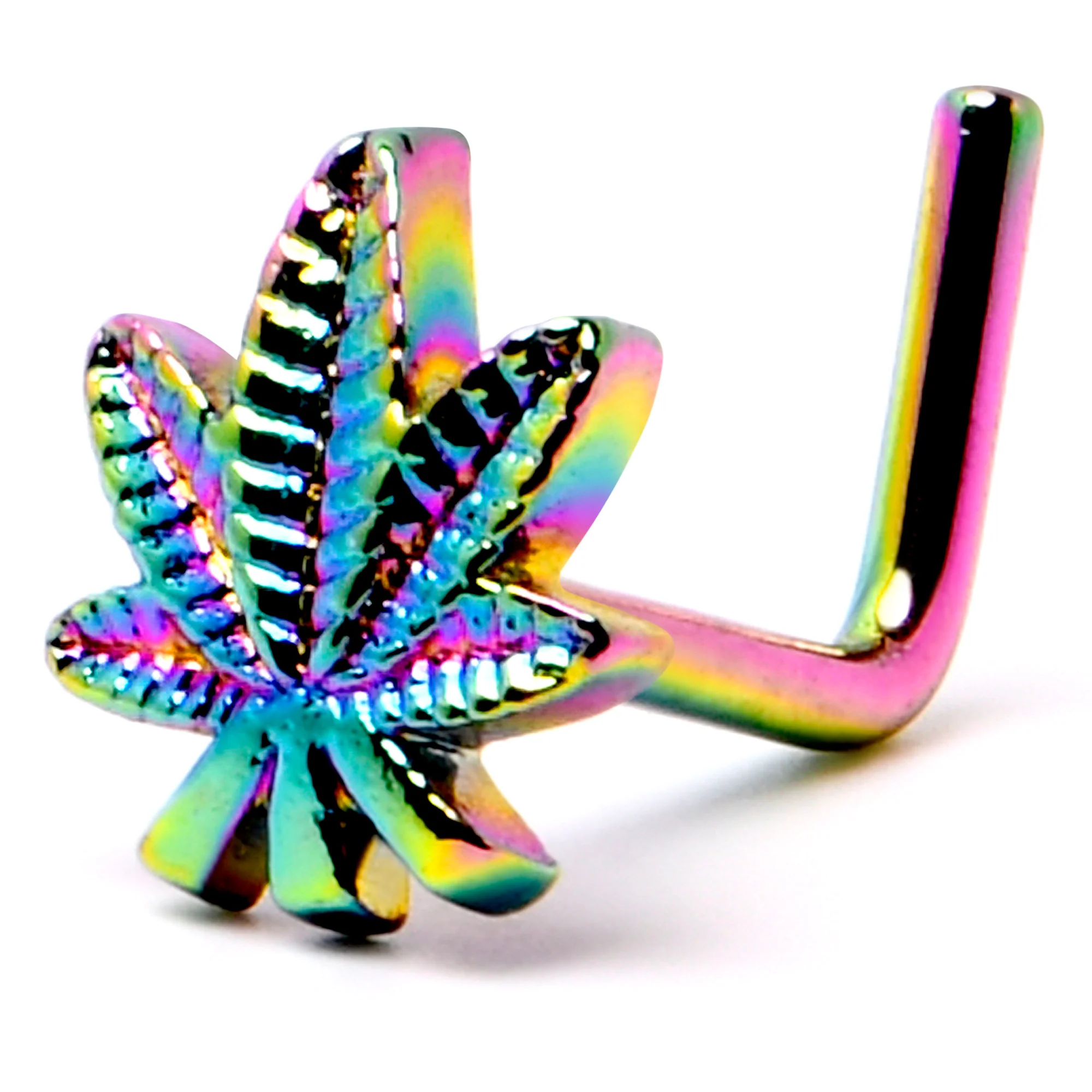 20G 1/4 Rainbow Anodized Texture Pot Leaf L Shape Nose Ring - Image 5