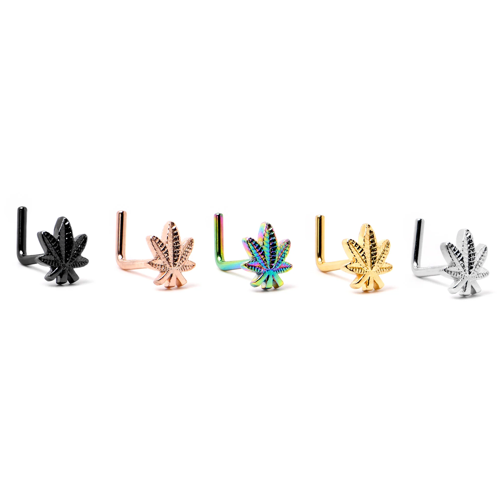 20G 1/4 Rainbow Anodized Texture Pot Leaf L Shape Nose Ring - Image 8