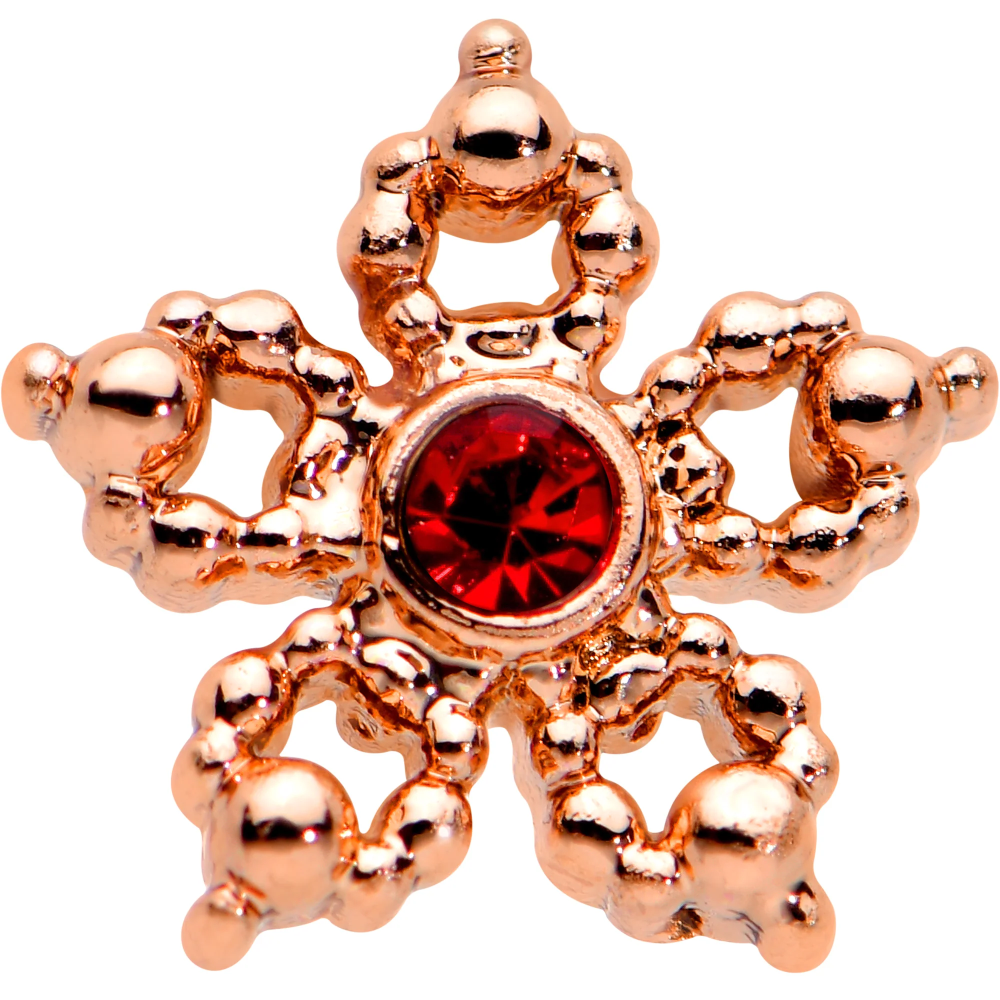 20G 1/4 Red Gem Rose Gold Tone Textured Snowflake Nose Bone - Image 2