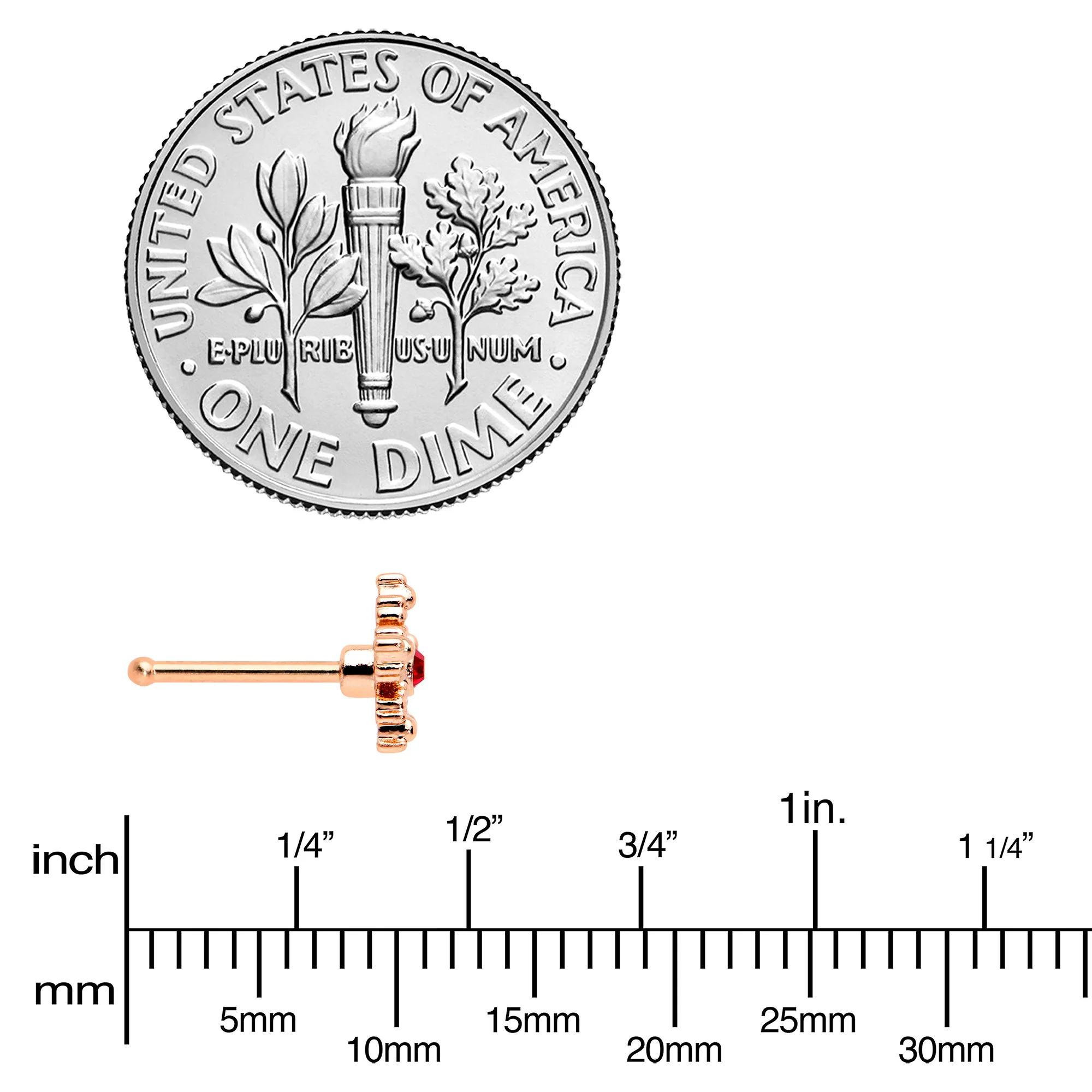 20G 1/4 Red Gem Rose Gold Tone Textured Snowflake Nose Bone - Image 4