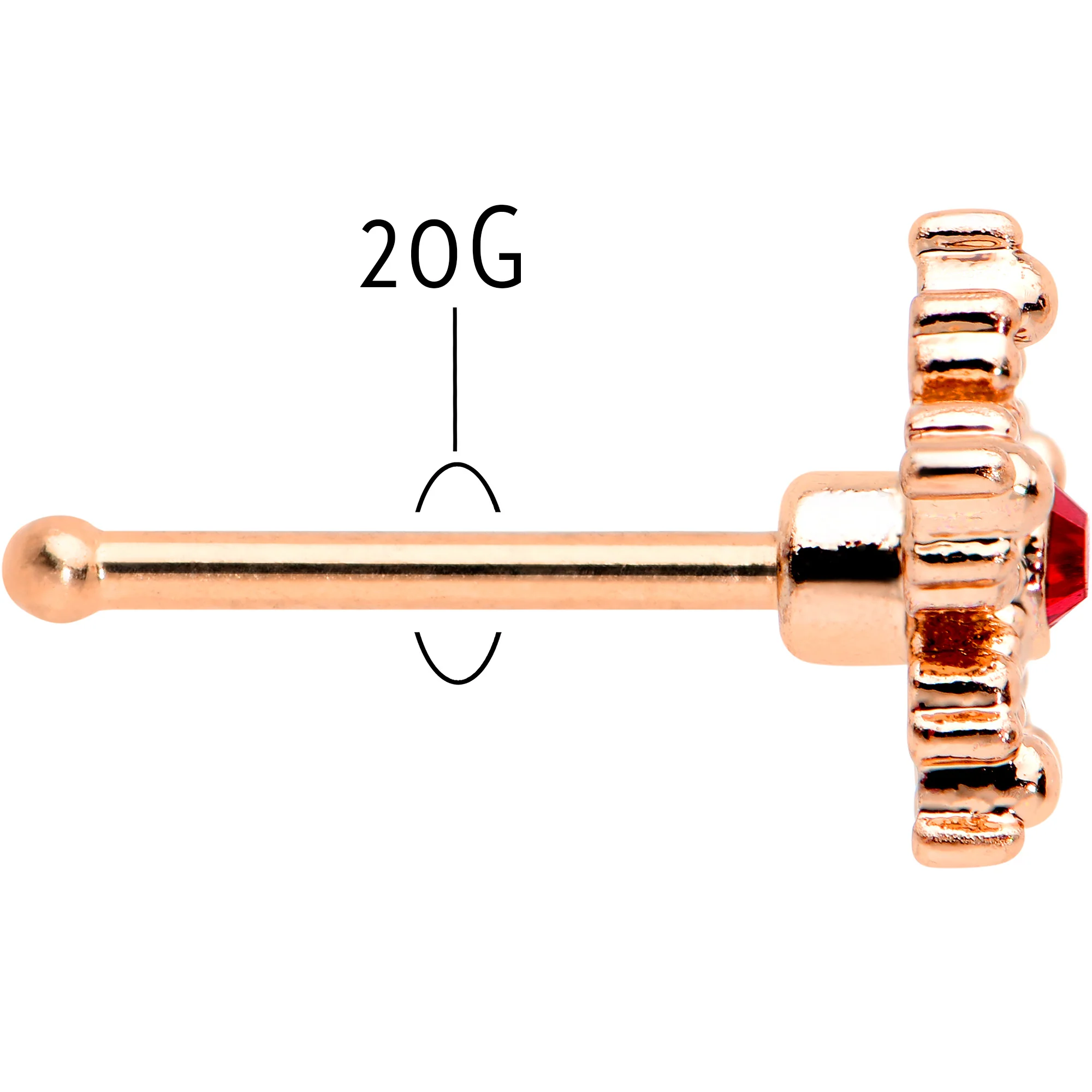 20G 1/4 Red Gem Rose Gold Tone Textured Snowflake Nose Bone - Image 5