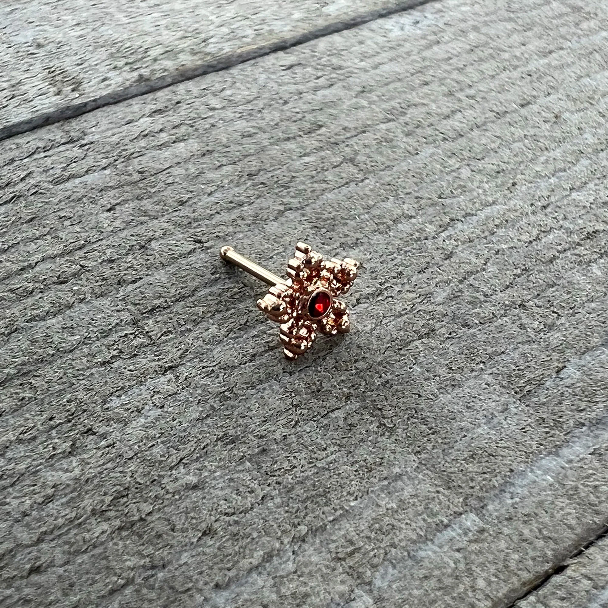 20G 1/4 Red Gem Rose Gold Tone Textured Snowflake Nose Bone - Image 6