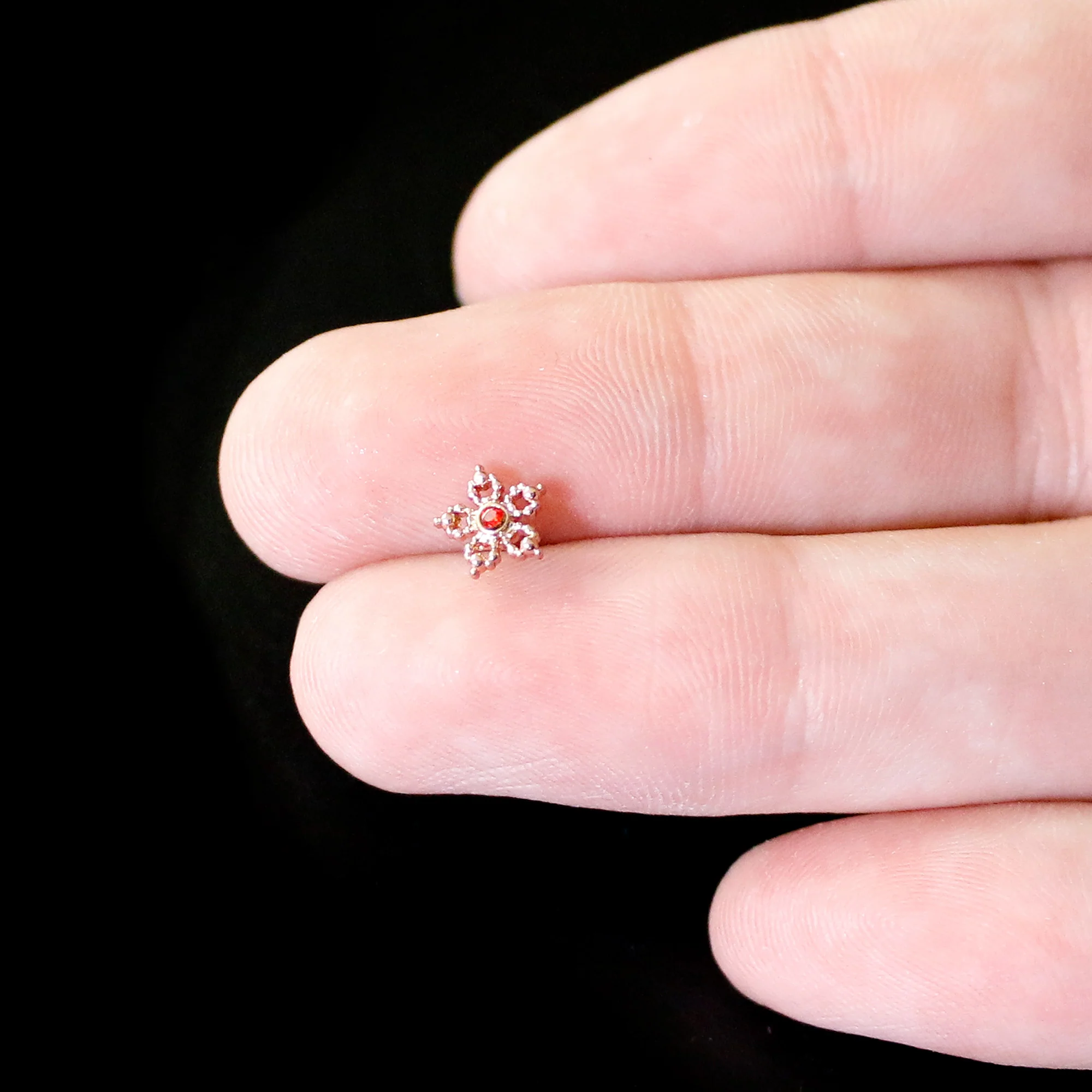 20G 1/4 Red Gem Rose Gold Tone Textured Snowflake Nose Bone - Image 7