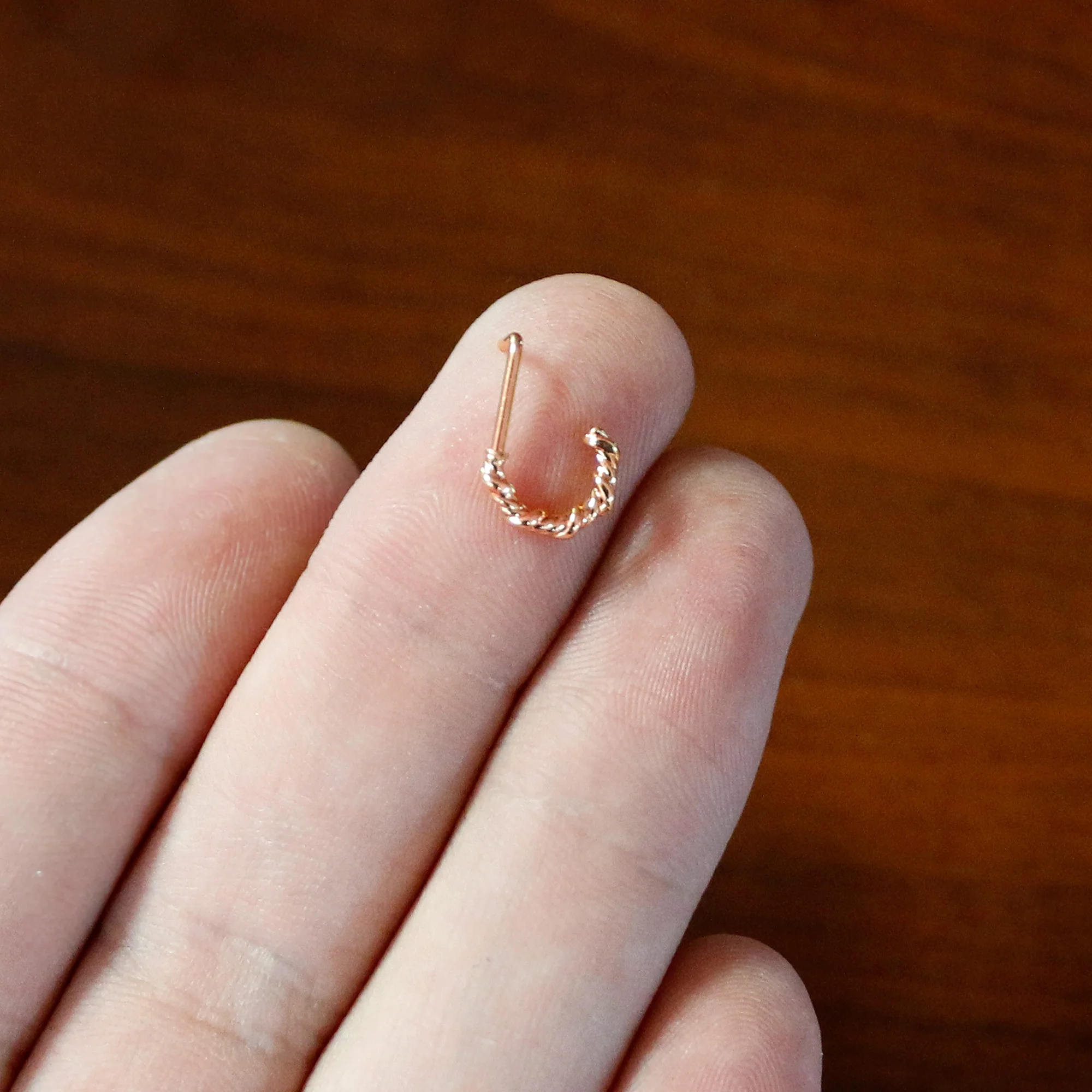 20G 1/4 Rose Gold Tone Wicked Wire Faux Hoop L Shape Nose Ring - Image 6